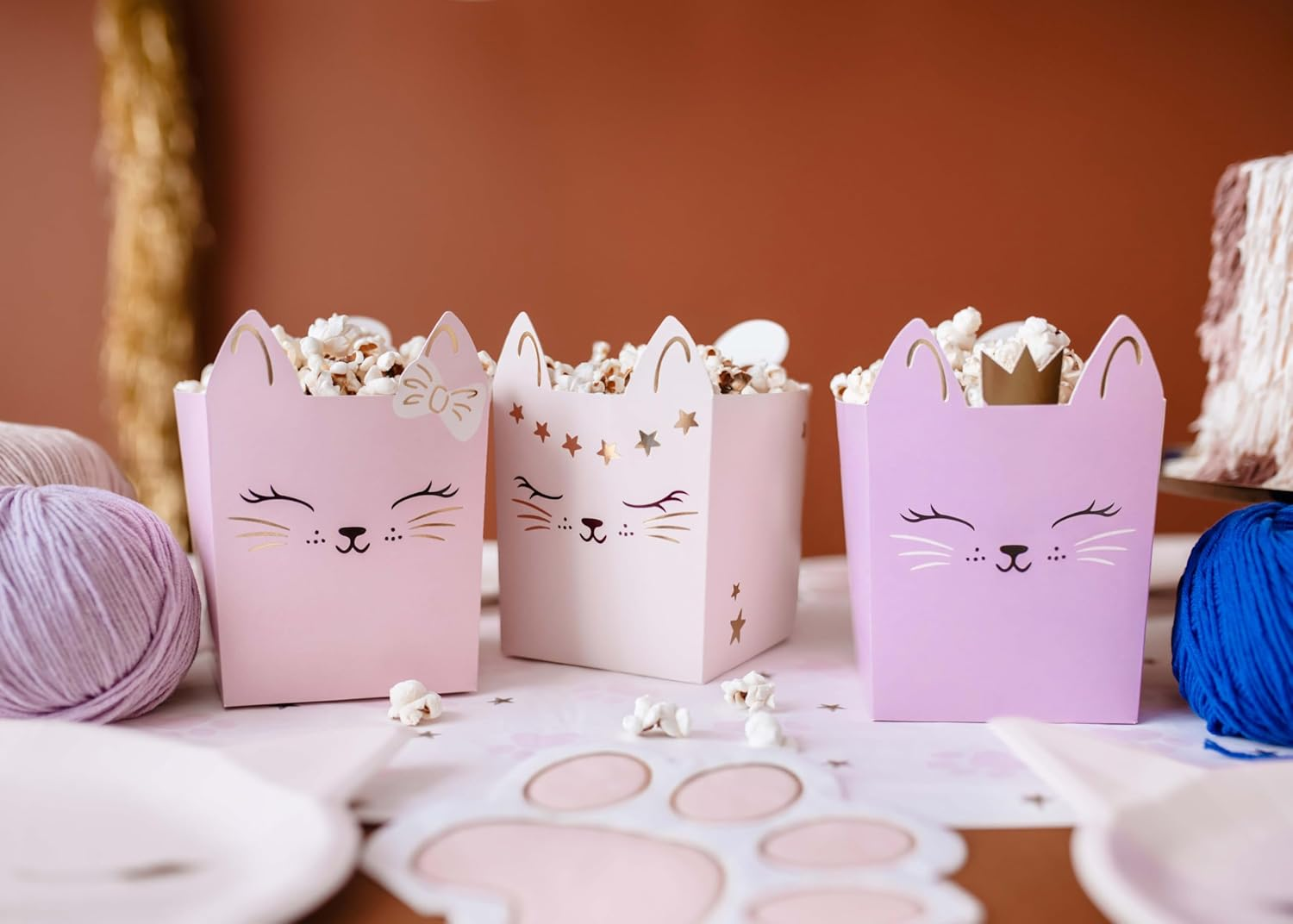 Set of 3 Snack Boxes Cute Cat Snack Bowl Made of Paper for Party Birthday Cat Meeting - Party Tableware Cat DIY Snack Container Colour Light Pink, Cream, Purple