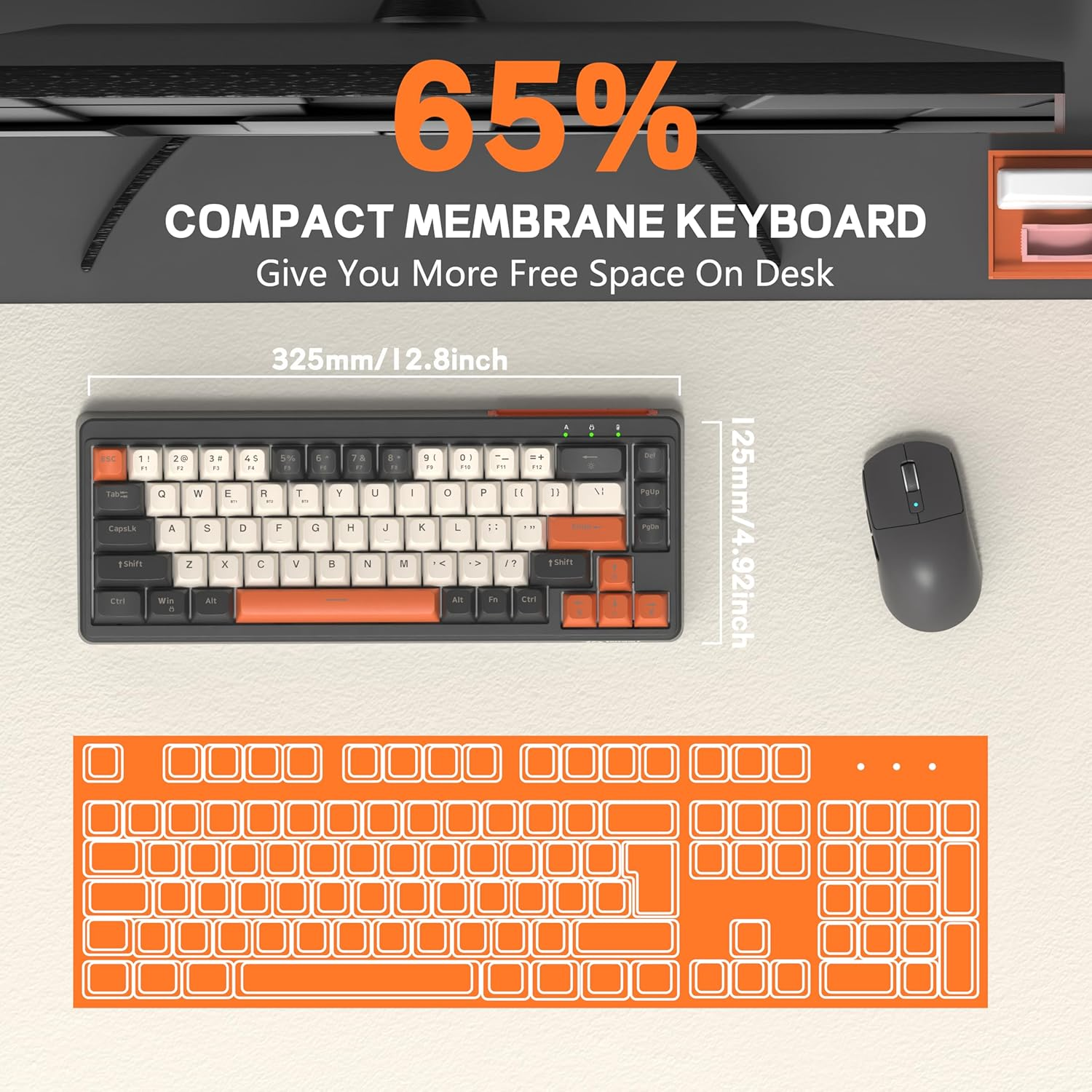 FREEWOLF M68 65% Wireless Gaming Keyboard,Bluetooth/2.4Ghz/ Wired Tri-Mode Silent Membrane Keyboard,Pbt Keycaps,2000Mah Rechargeable,67 Keys Rainbow LED Backlit PC Gaming Keyboard for Win/Mac-Shimmer image number 5