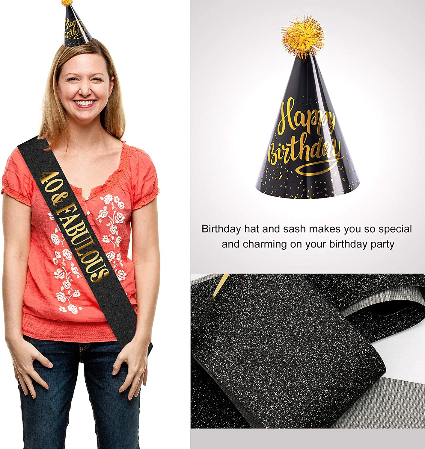 40Th Birthday Decorations - Black & Gold Party Supplies for Him & Her, Including Banner, Curtain, Tablecloth, Photo Props, Foil Balloons, Sash image number 2