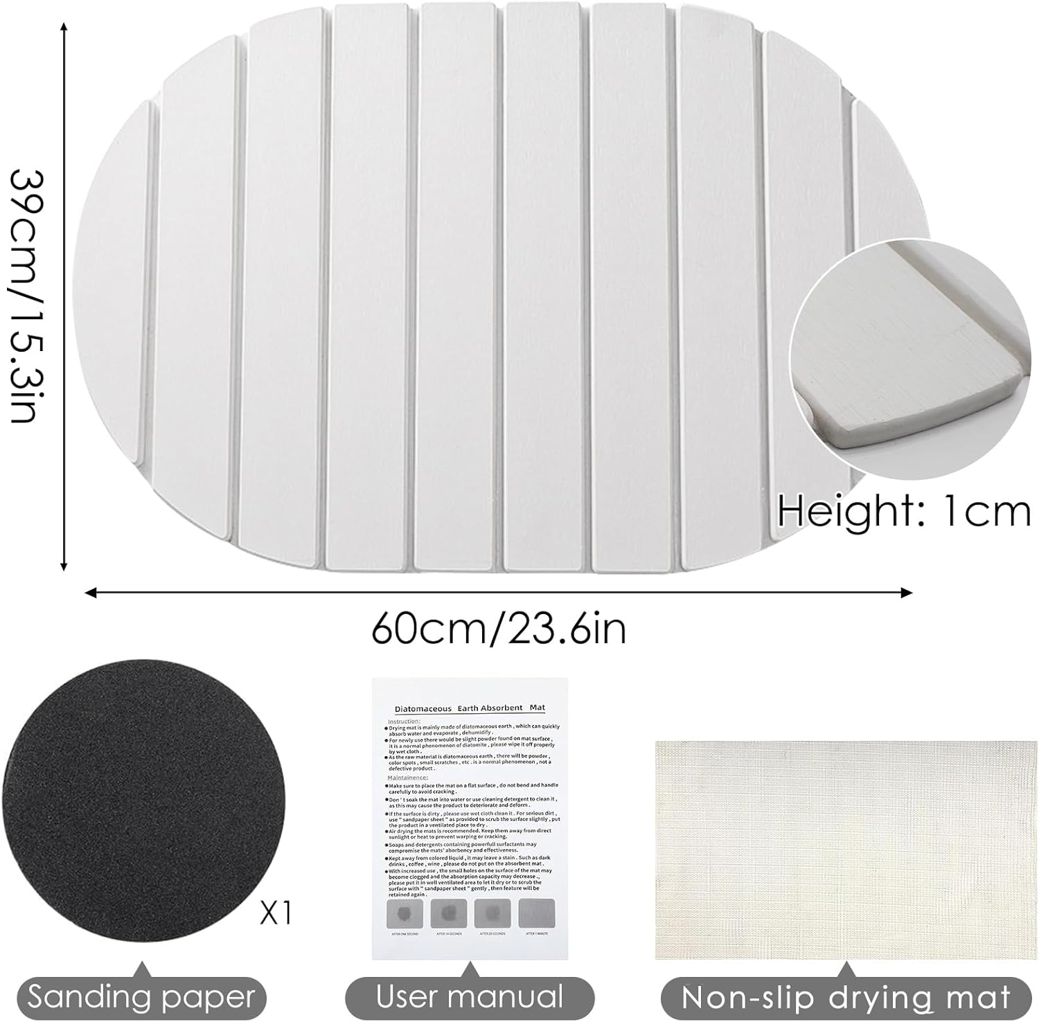 Stone Dish Drying Mats for Kitchen Counter & Sink, Large Quick Dry Collapsible Absorbent Diatomaceous Earth Dish Drying Mat for Dishes Bottles Cups Any Countertop (White-Oval, 60X39Cm)