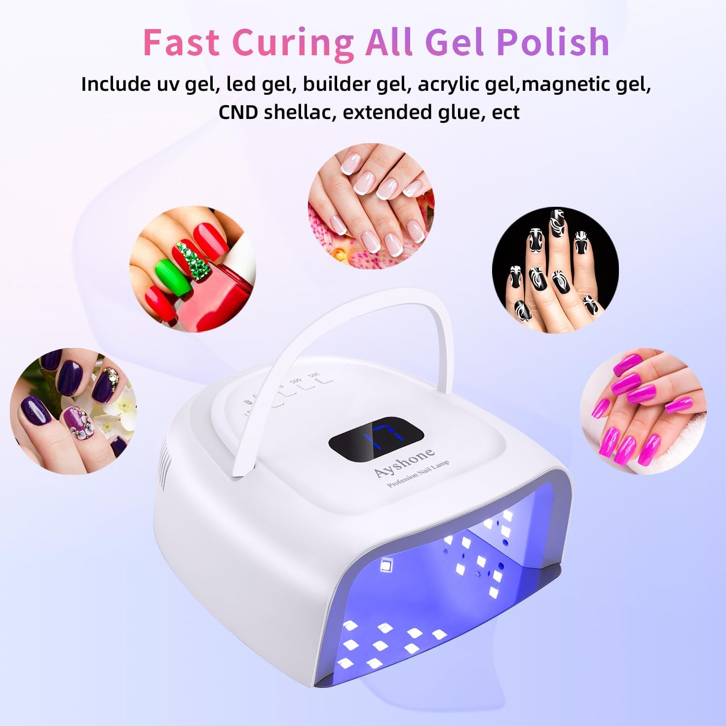 Ayshone Rechargeable LED Gel Nail Lamp,60W Cordless UV Led Nail Light Nail Dryer for Gel Nails with Lifting Handle Touch Sensor LCD Screen(White) image number 3