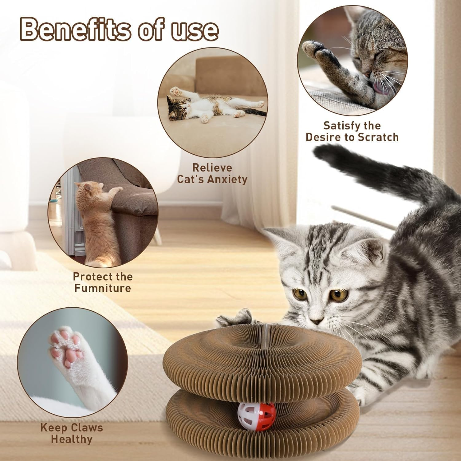 2PCS Cat Accordion Magic Organ Cat Scratching Board Interactive Scratch Cardboard Cat Toy with Bell Ball Kitty Kurlz Exercise for Indoor Cats Toy image number 2
