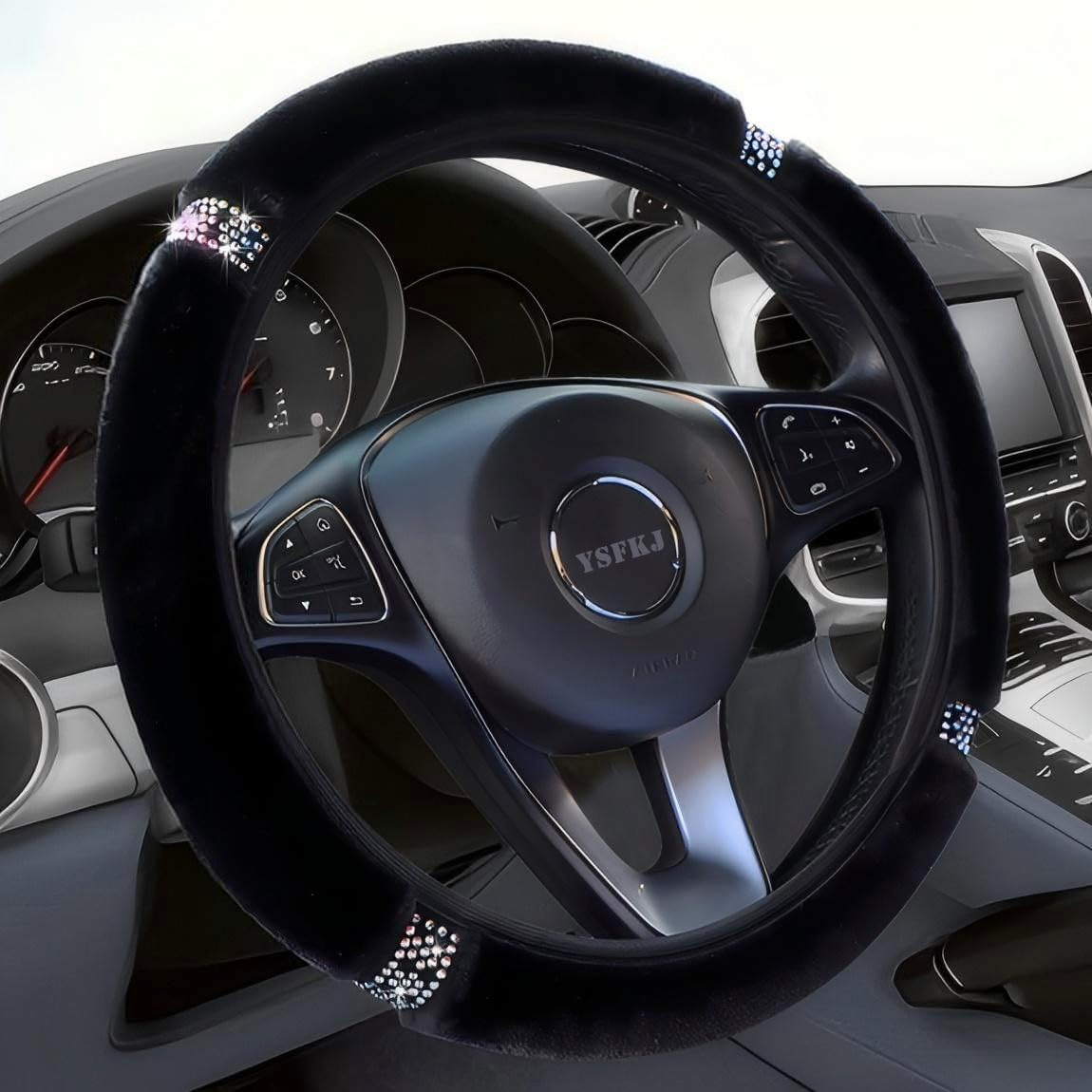 Car Steering Wheel Cover, 15 Inch Colorful Rhinestones Fluffy Steering Wheel Cover for Most Cars, Sparkly Crystal Diamond Steering Wheel Protector for Women Girls,Purple