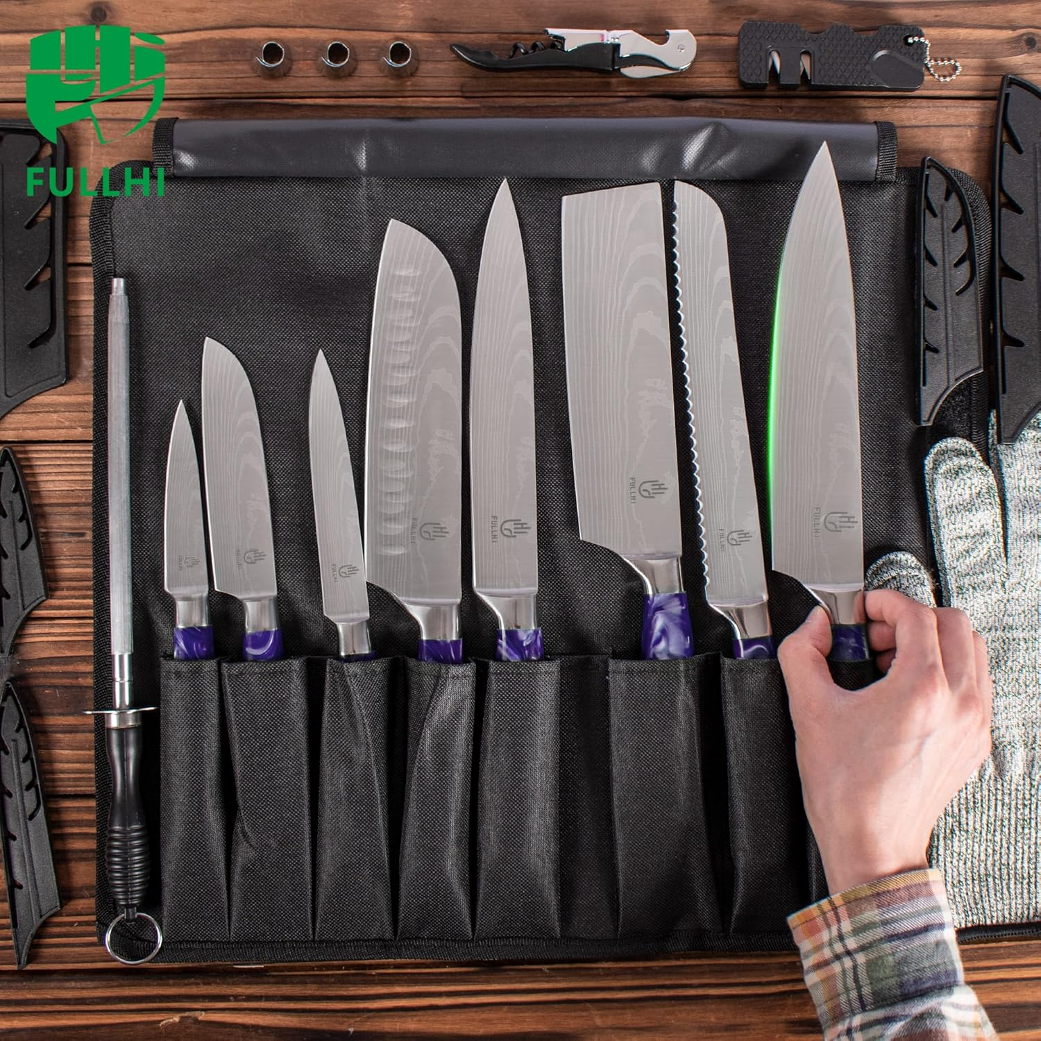 FULLHI 15Pcs Japanese Knife Set with Magnetic Knife Block Holder, Japan Stainless Steel Blades, Purple Resin Ergonomic Handles for Professional and Home Cooking&hellip; image number 5