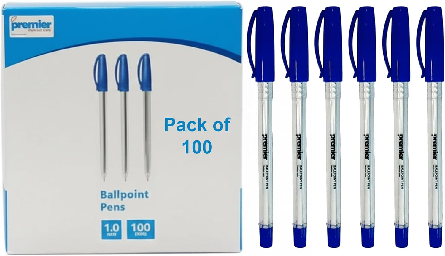 Premier Stationery Blue Ball Point Pen, Blue Ink, 1 X 100 Pack (100 Pens) | Smooth Writing | Ideal for Office, School, Study & Everyday Use image number 2