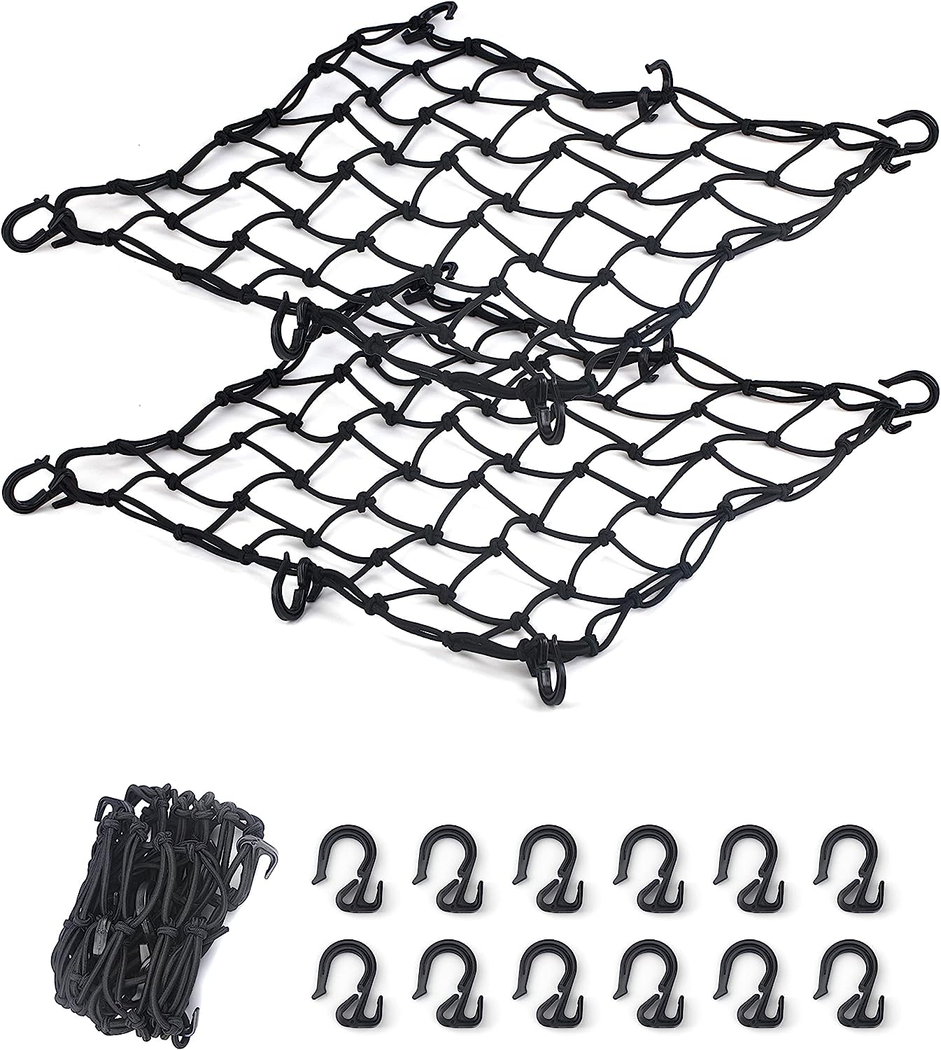 2 Pack Black Cargo Nets, Heavy Duty Latex 17"X17" Bungee Net Stretches to 34"X34", Gear Helmet Luggage Net with Tight 2.3"X2.3" Mesh & 12 Adjustable Plastic Hooks for Motorcycle, Bike, ATV image number 2