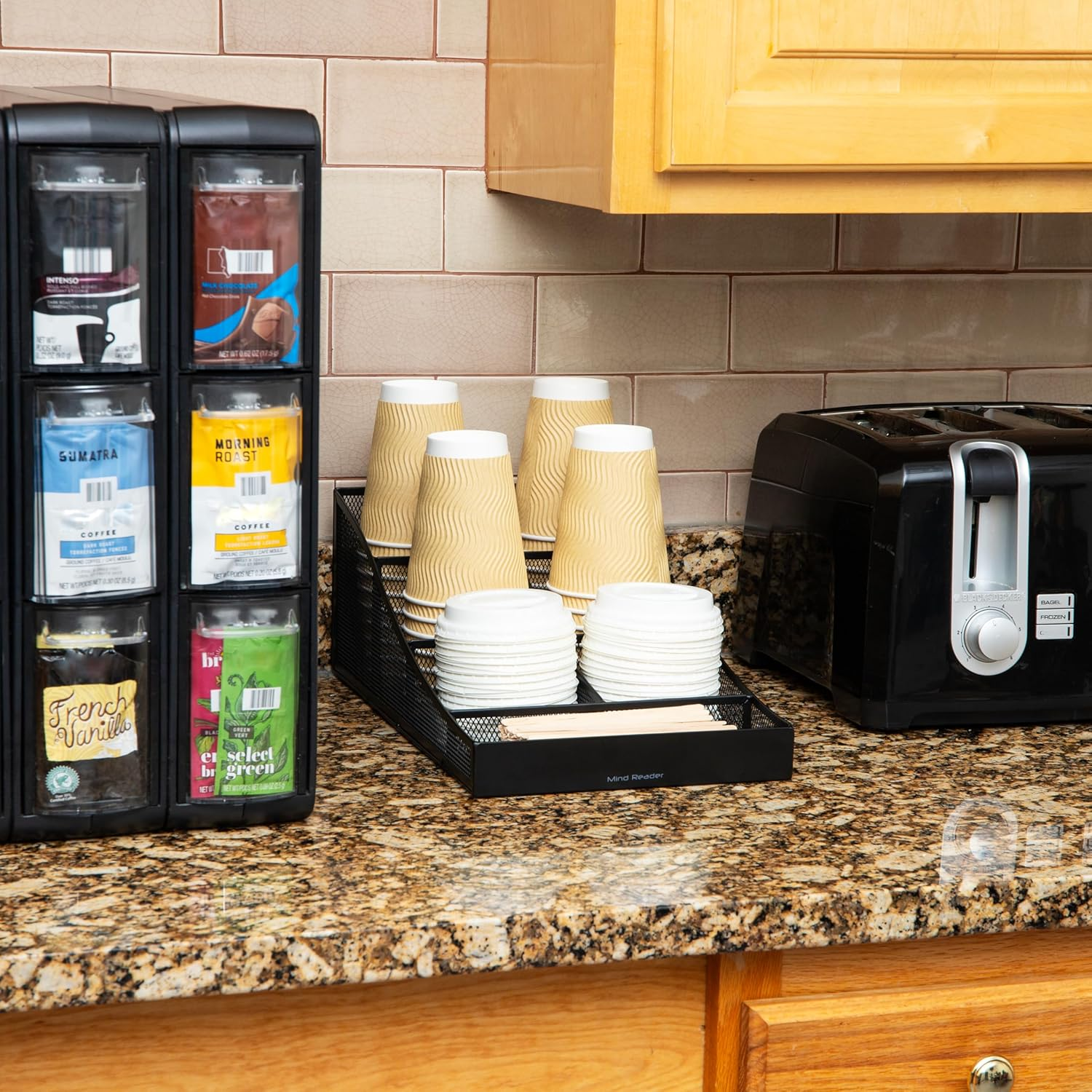 Mind Reader Cup and Condiment Station, Countertop Organizer, Coffee Bar, Kitchen, Metal Mesh, 8.5" L X 14.5" W X 5.25" H, Black