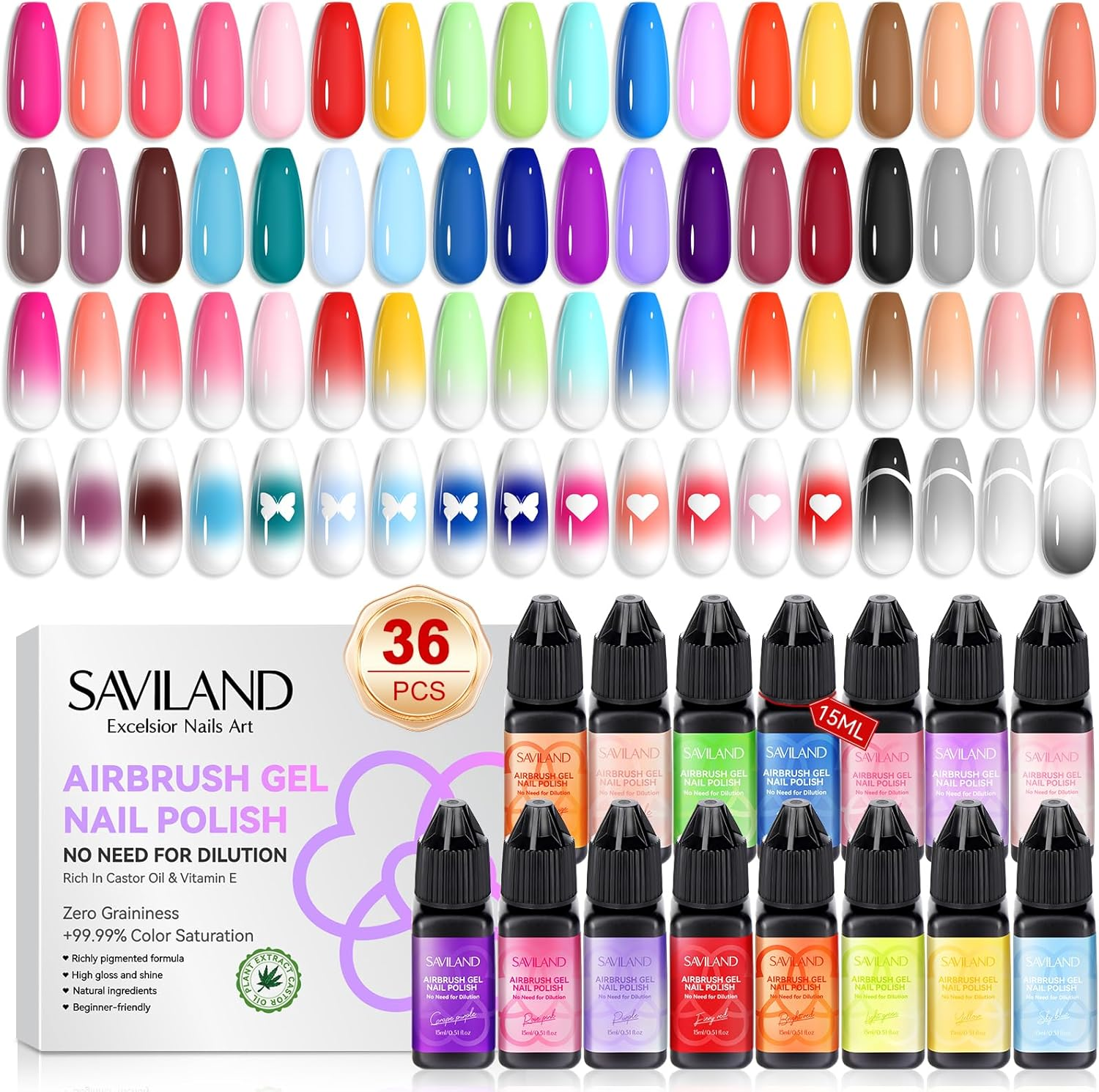 SAVILAND Airbrush Gel Nail Polish:36 Colors No Need for Dilution Gel Polish Airbrush Paint for Nail Diluted High Pigmented for Acrylic French Gradients Nails Art Stencils Cat Eye Paint Home Salon DIY