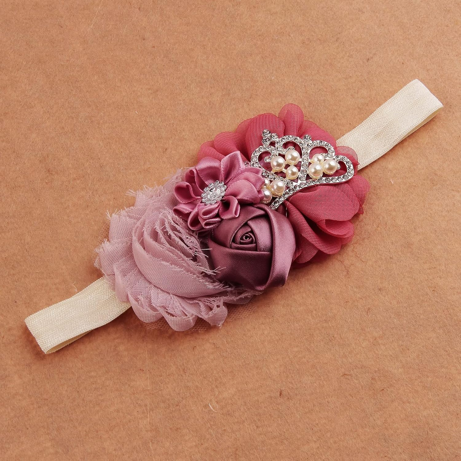 Nishine Baby Christening Headband Toddler Girls Fabric Flower Headband Tiara Stretchy Elastic in Pairs (Child, Ivory/Dusty Pink) image number 1