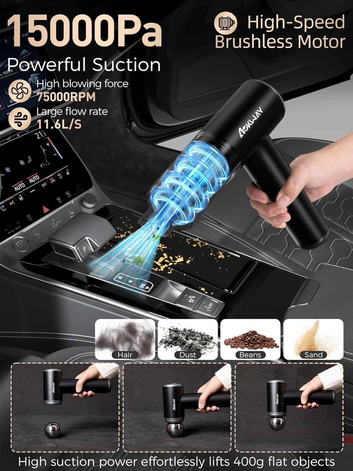 Aokway Mini Vacuum Cleaner for Car, 15000PA Powerful Suction, Rechargeable Small Car Vacuum Portable Cordless, Handheld Car Vacuum Cleaner & Air Duster for Home, Desk,Pc, Keyboard image number 1