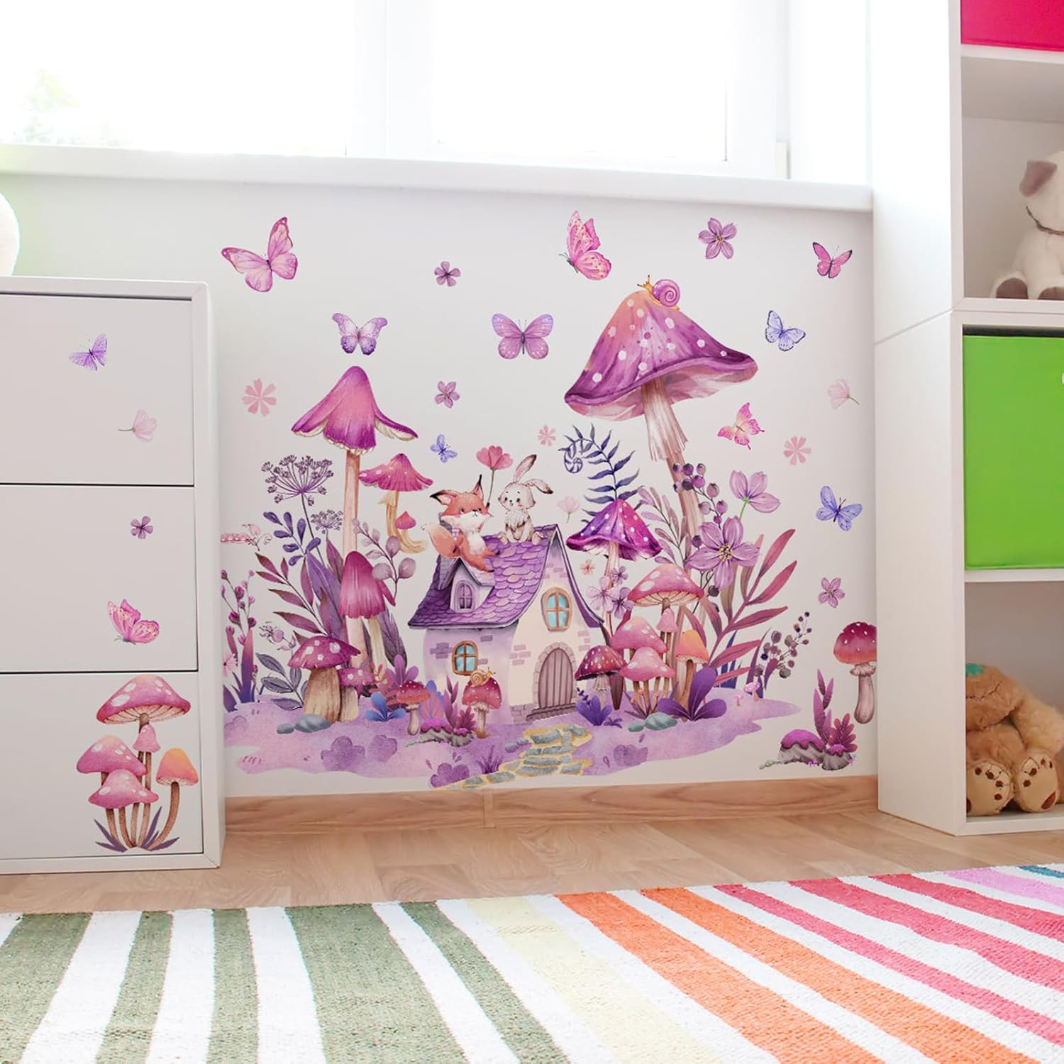 Mushroom Wall Decals Fairy Garden Wall Stickers Flower Butterflies Wall Stickers Garden Plant Grass Flower Peel and Stick Wallpaper for Kids Baby Bedroom Nursery Home image number 6