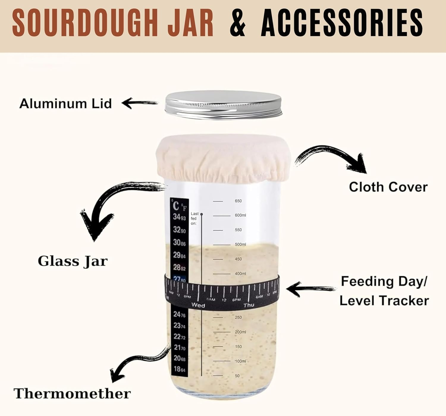 Rattan Sourdough Starter Jar Kit &ndash; Glass Sourdough Jar with Lid, Banneton Bread Proofing Baskets, Whisk, Lame, Scraper & More &ndash; All-In-One Gift Set for Artisan Bread Makers image number 4