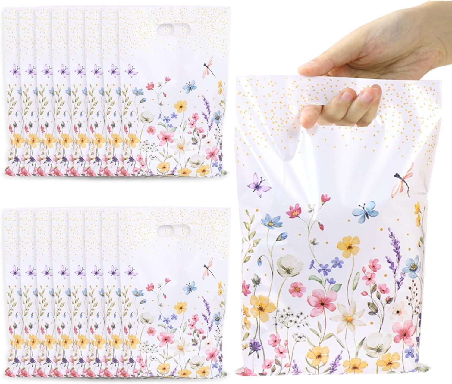 YJSPARKK 50 PCS Party Favor Bags,Goodie Candy Bags with Handles,Flower Pattern Plastic Small Gift Bag Bulk for Birthday,Baby Shower, Wedding, Thanksgiving,Christmas, New Years image number 6