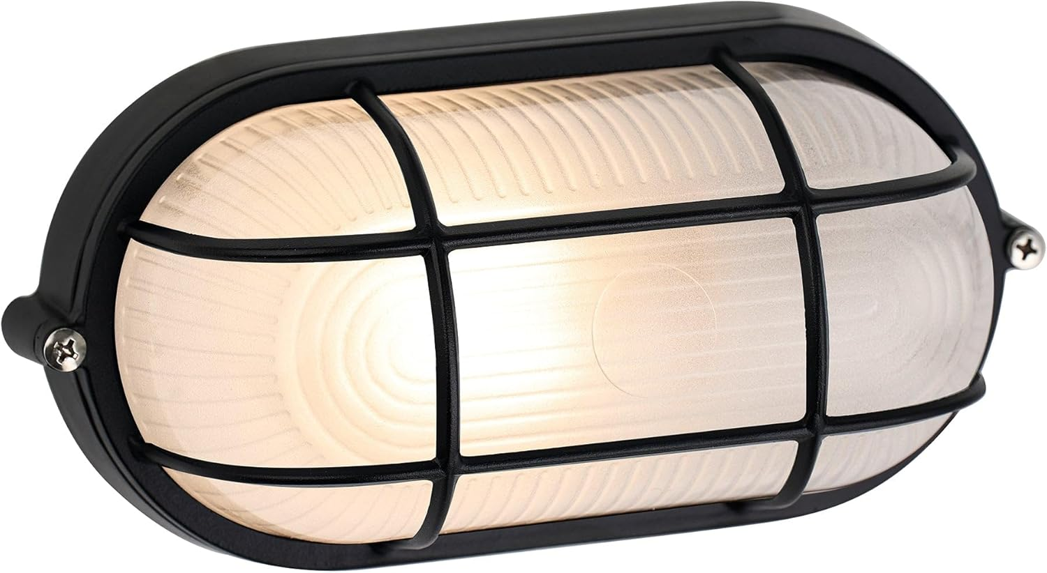 Lexi Lighting Rhelia Oval Caged Outdoor Bunker, Nautical Bulkhead Lighting, Black Aluminum Frame with Frost Glass, IP54 Wall/Ceiling Flush Mount Light Fixture for Porch, Basement, Hallway, Balcony