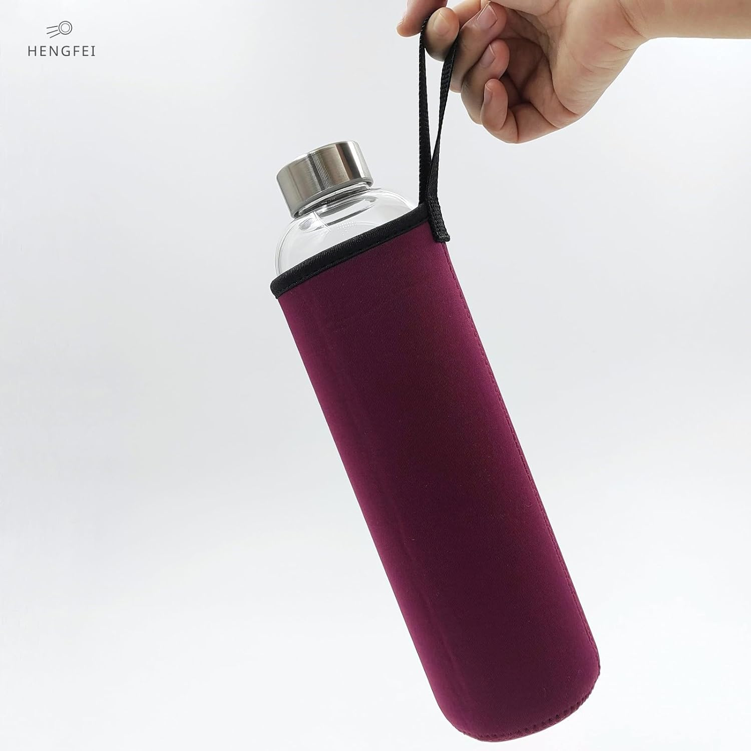 HENGFEI Glass Water Bottle with Bamboo Lid and Stainless Steel Lid (1000Ml, Burgundy Sleeve) - Light Grey Sleeve image number 4