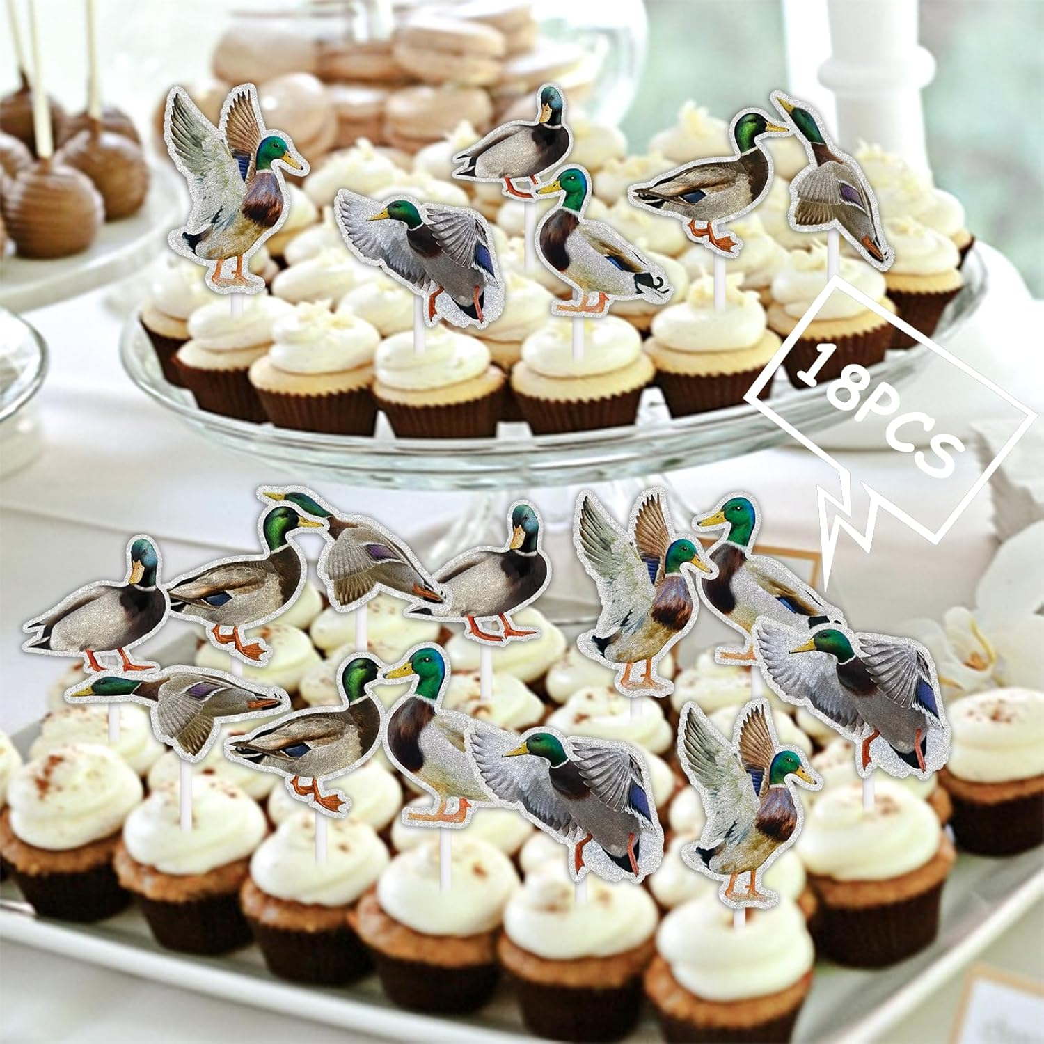 18Pcs Glitter Wild Duck Dessert Cupcake Topper Pick for Animal Duck Adventure Movie Theme Decor Supplies Baby Shower Boys Girls Happy Birthday Party Decorations