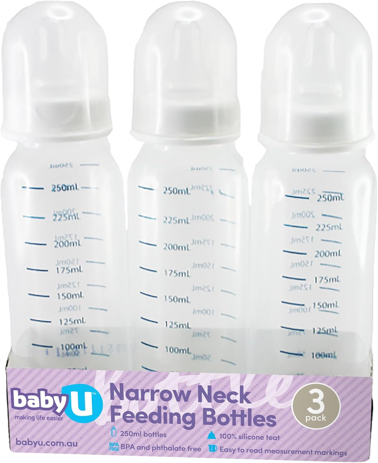 Babyu Narrow Neck Feeding Bottles | 250Ml Bottles | BPA & Phthalate Free | 100% Silicone Teat | Pack of 3