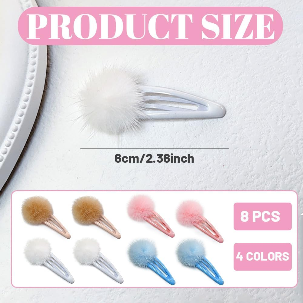 JRYXDS Children'S Hair Clips, Pack of 8 Small Hair Clips Girls, Colourful Hair Clips, Pompoms, Furry Hair Clips for Women and Girls, Hair Clips Girls with Pom Poms for Girls Children image number 4