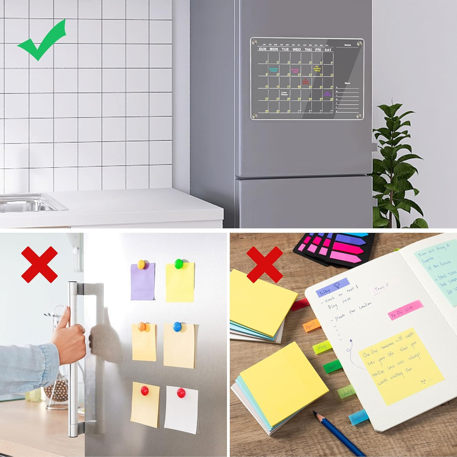 TECDW 1-Pack Magnetic Fridge Calendar 30X24Cm,Acrylic Calendar Monthly Planner with 6 Wet Erase Markers,Magnetic Fridge Planner for Home,Office,Kitchen