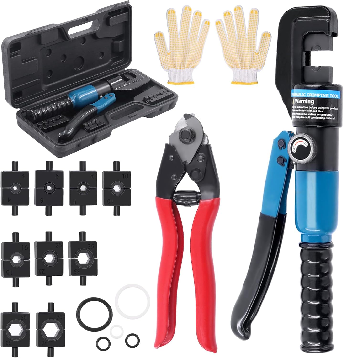 Glarks 12Pcs Hydraulic Crimping Tool Kit, 10 Ton Hydraulic Hand Crimper Tool with Wire Cable Cutter, Dies and Gloves Kit for 1/8" to 3/16" Cable, Wire Swaging Tool with Stainless Steel Cable Cutter image number 3