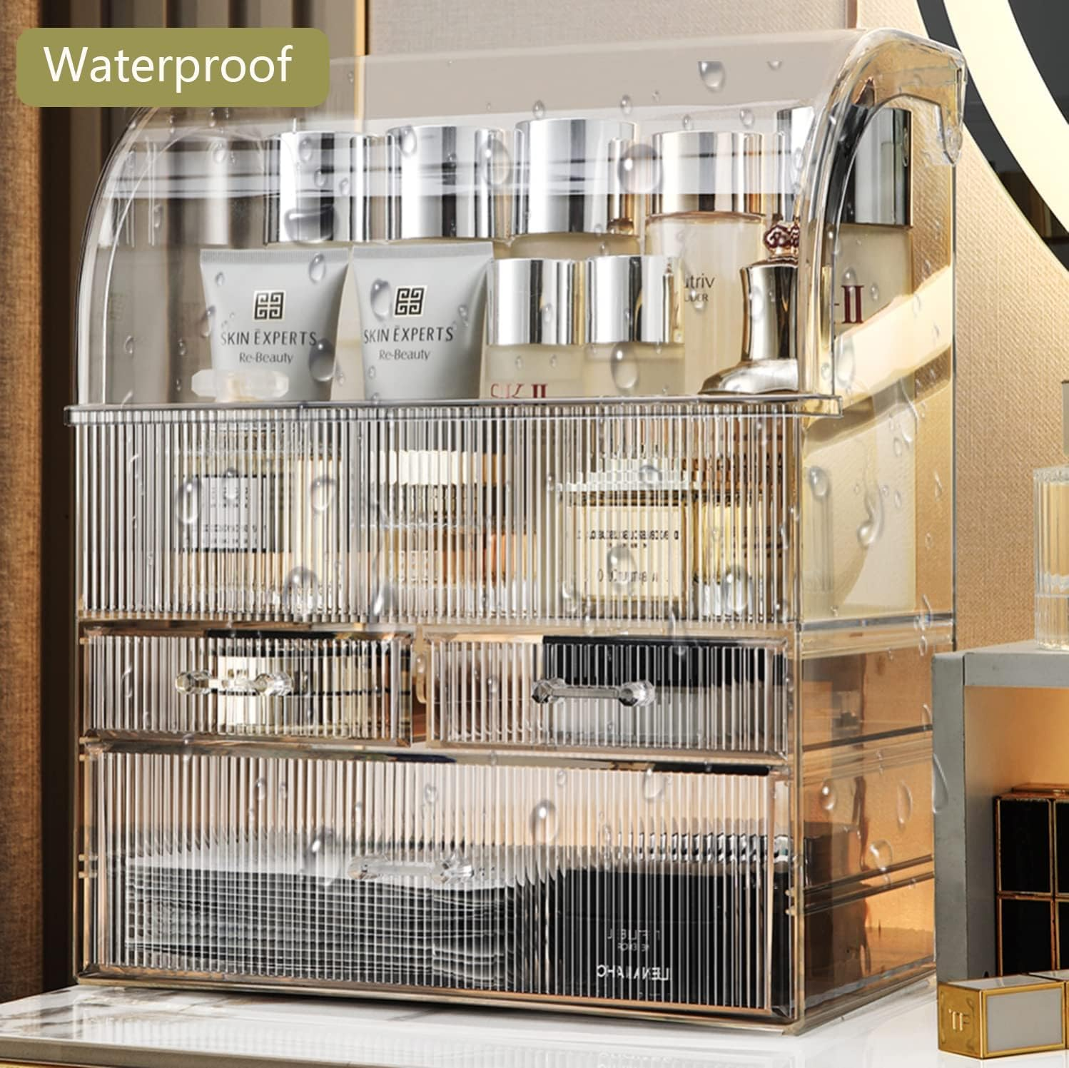 Makeup Organiser Storage, XL Large Acrylic Cosmetics Organiser Skincare Display Case with Waterproof Dustproof Cover for Bedroom Bathroom Desktop(Stripe-Xl) - Translucent Stripe image number 2