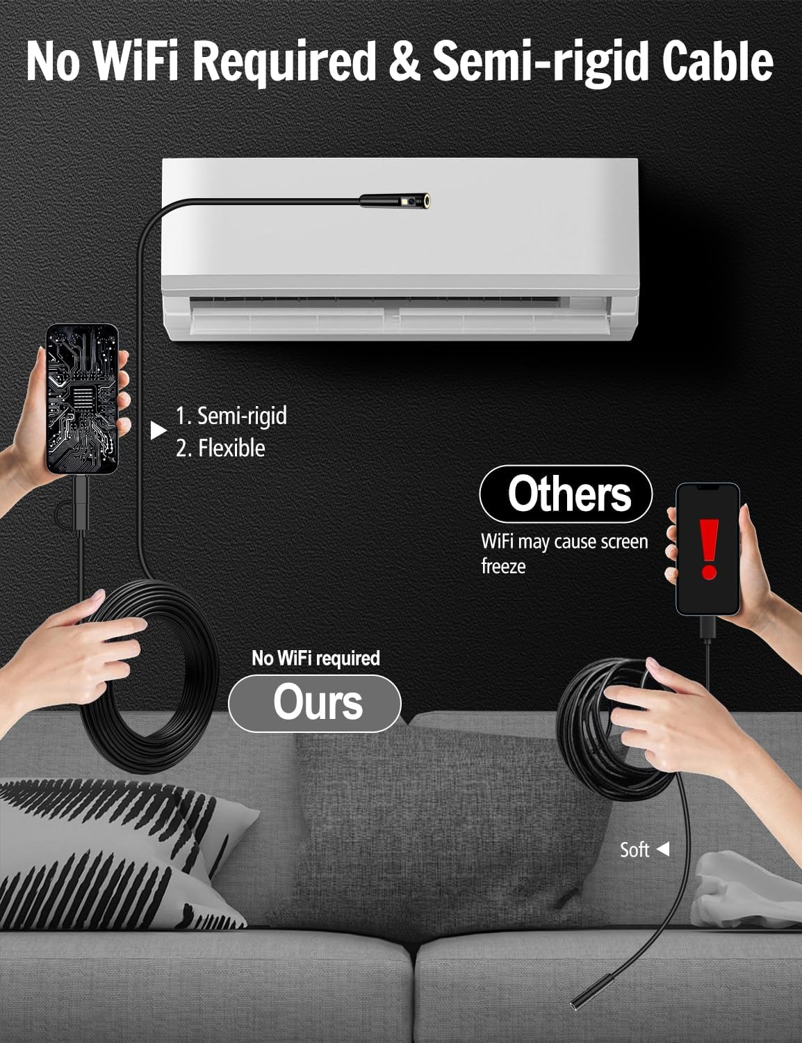 Dual-Lens Endoscope Inspection Camera, 1920P HD Ferdiiz Borescope Camera, 16.4Ft Semi-Rigid Snake Cable, 8 Adjustable Leds, IP67 Waterproof Drain Pipe Endoscope Cool Gadgets Tool for Ios9+ Android 6+ image number 3