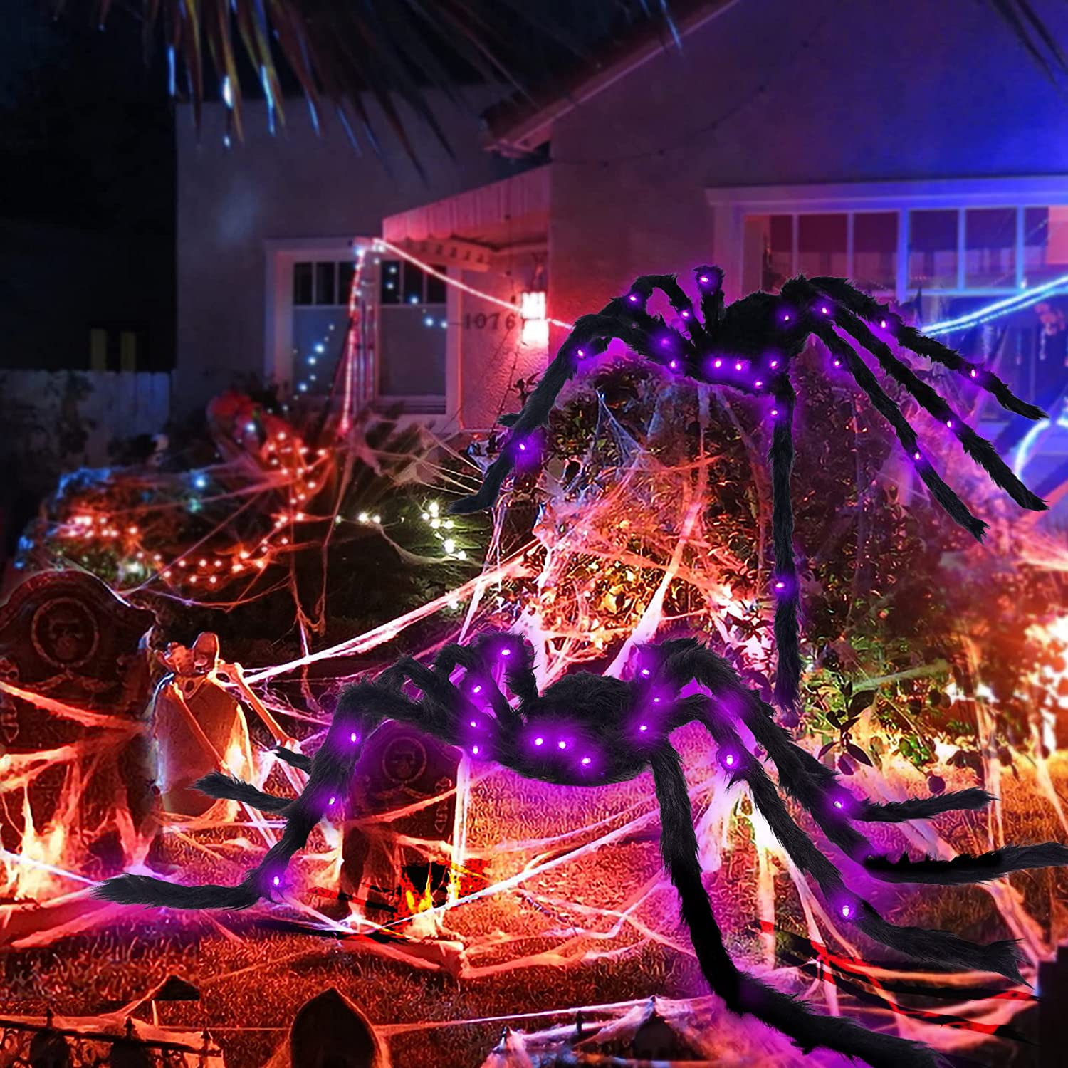 VOMAOK Halloween Spider Decorations 4Ft Light up Giant Spider(2 Pack) for Indoor Outdoor Halloween Decorations Yard Party House D&eacute;cor image number 1