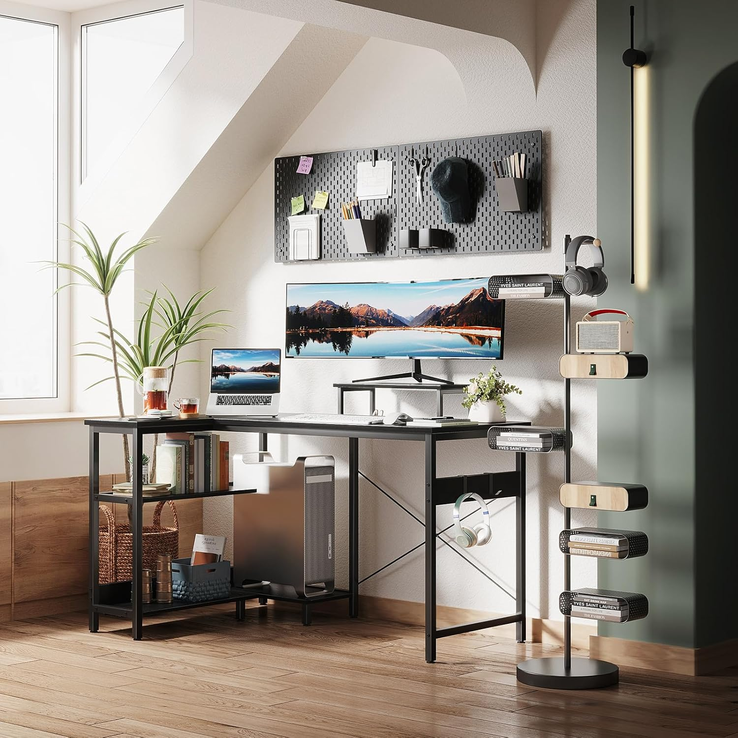 ODK L Shaped Computer Desk with Reversible Storage Shelves, 118 * 80 * 86.4Cm, Corner Desk with Monitor Stand&Headphone Hook, Home Office Desk, Modern Simple Writing Table, Black image number 3
