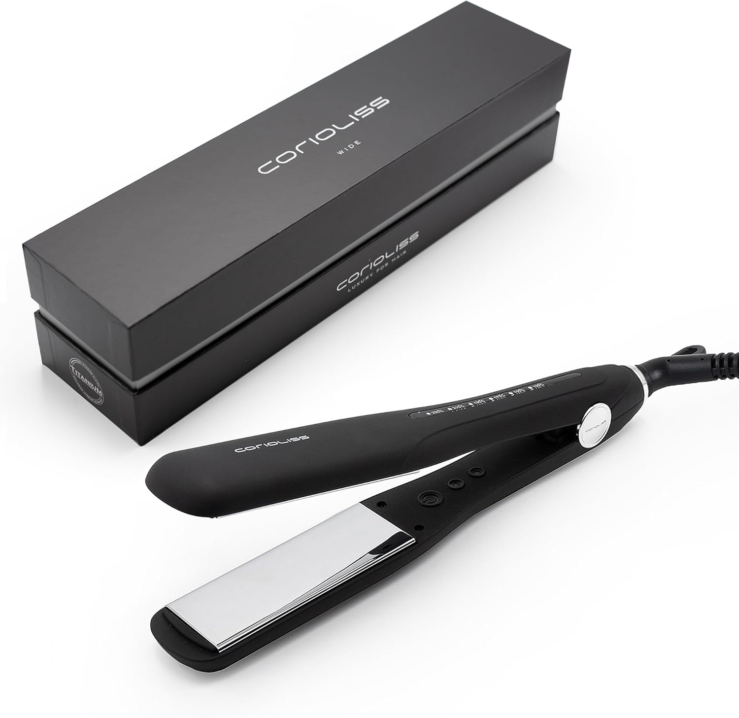 Corioliss Wide Flat Iron Hair Straightener Professional Titanium Plates Temperature Black Soft Touch