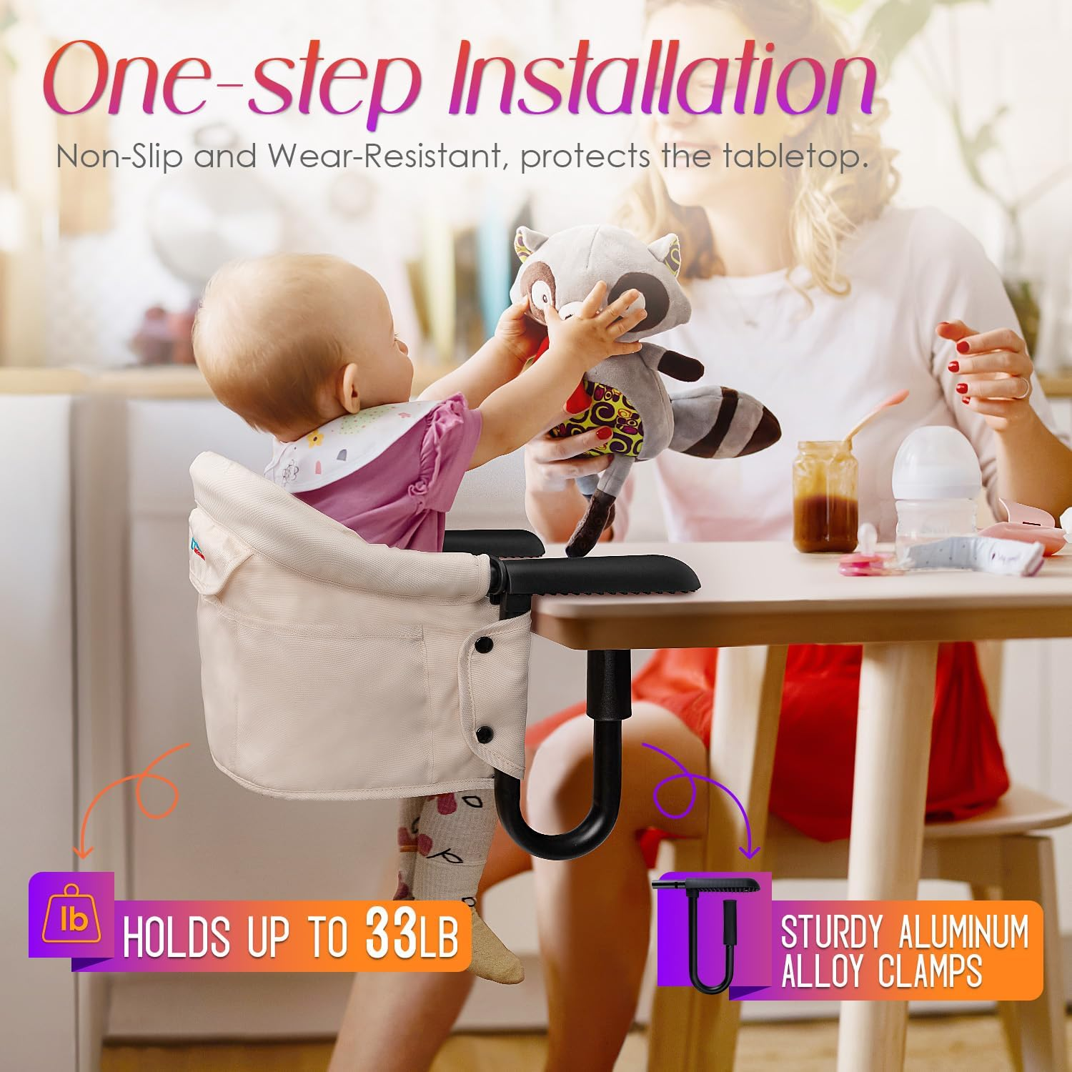 Hook on High Chair,High Chair for Babies and Toddlers 6-36 Months,Portable and Foldable High Chair for Home and Travel-Includes Storage Bag(Khaki) - Khaki image number 6