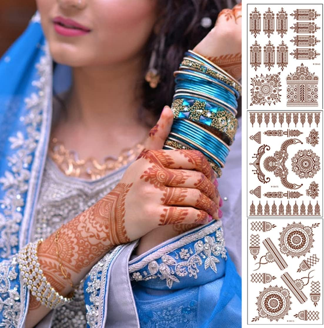 Temporary Tattoos, Henna Tattoos Brown Red Tattoos Sticker Lace Temporary Tattoos Waterproof Body Stickers for Women Girls Body Art 6Sheets image number 3