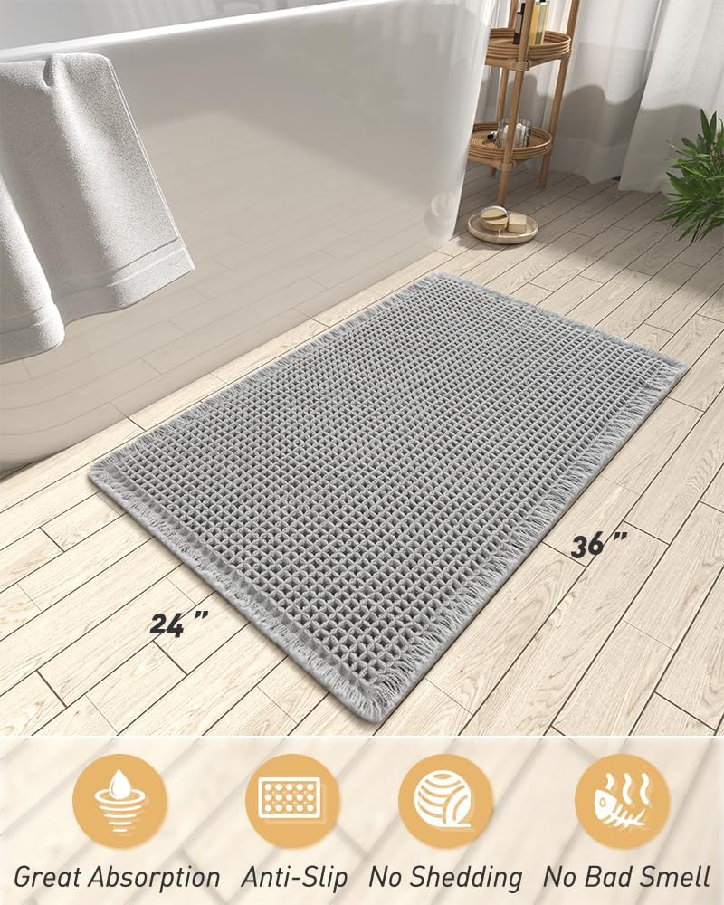AMOAMI Upgraded Waffle Bath Mat, Super Absorbent Non Slip Bath Mats for Bathroom Floor, Machine Washable Bathroom Rugs with Tassels, Rubber Backed Bathroom Mats, Ultra Soft, 24" X 36", Grey image number 6