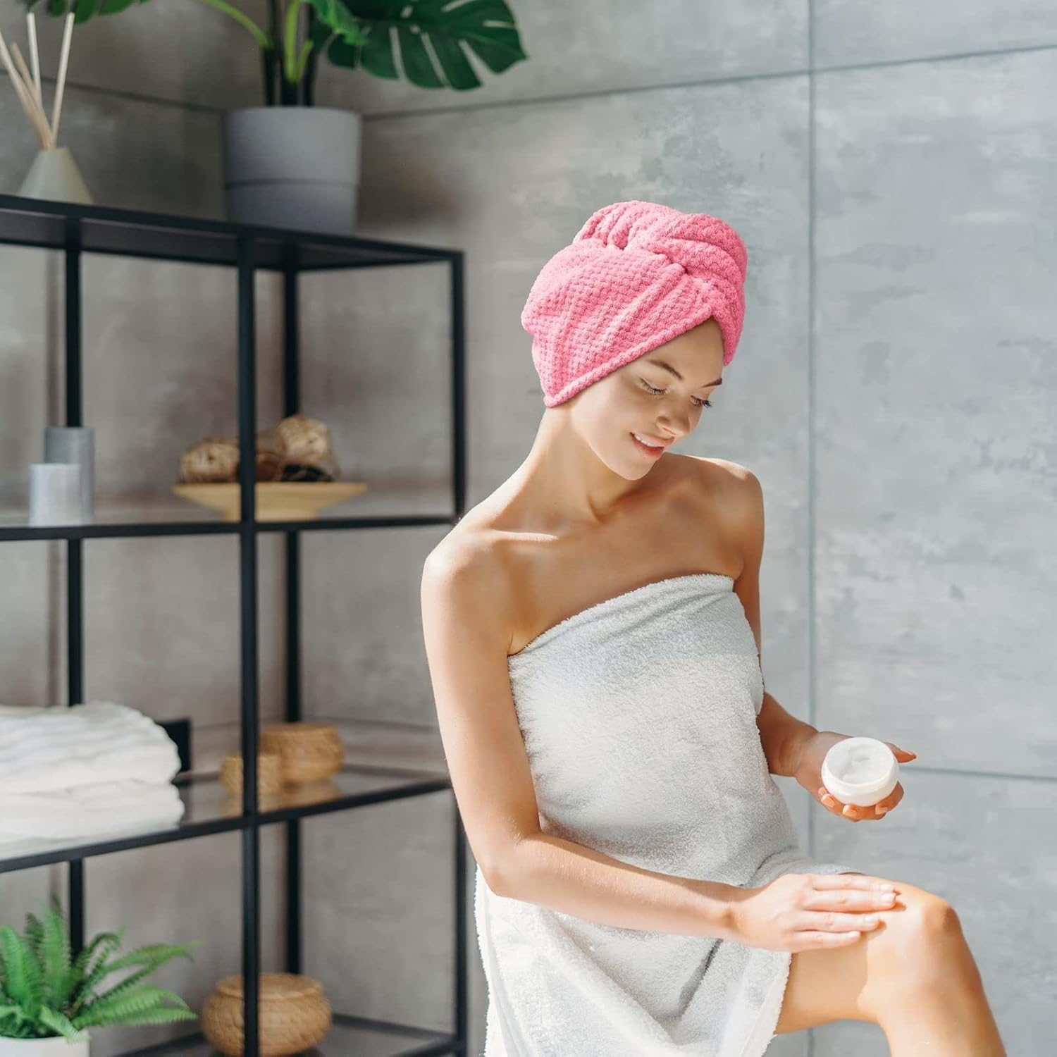 Pruhofan Hair Turban Microfibre Towel Hair Quick-Drying Towel Hair Turban Towel with Button, Microfibre Towel for Hair, Hair Turban Quick Drying for All Hair Types (2 Pieces) image number 3