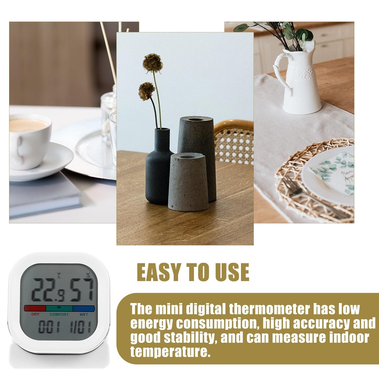 COHEALI Digital Indoor Hygrometer Thermometer with Clock Function Portable Aluminum Alloy and Abs Thermohygrometer for Home Office Easy-Read Color Display and Compact Design image number 5