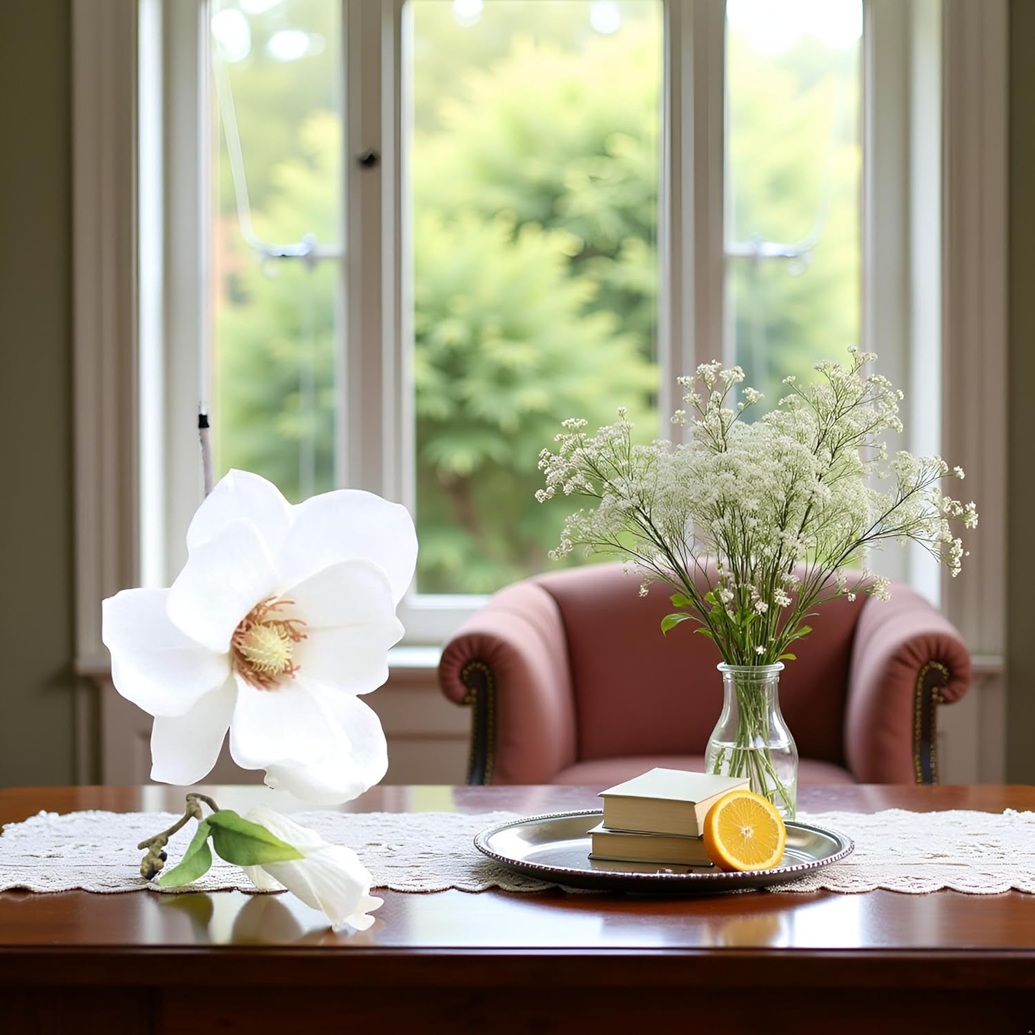 White Artificial Magnolia Fake Silk Flower Single Floral Home Decor Living Room Bedroom Garden Party Wedding Decoration in Pots Vase Home D&eacute;cor Products for Desk Table, Artificial Flowers image number 1