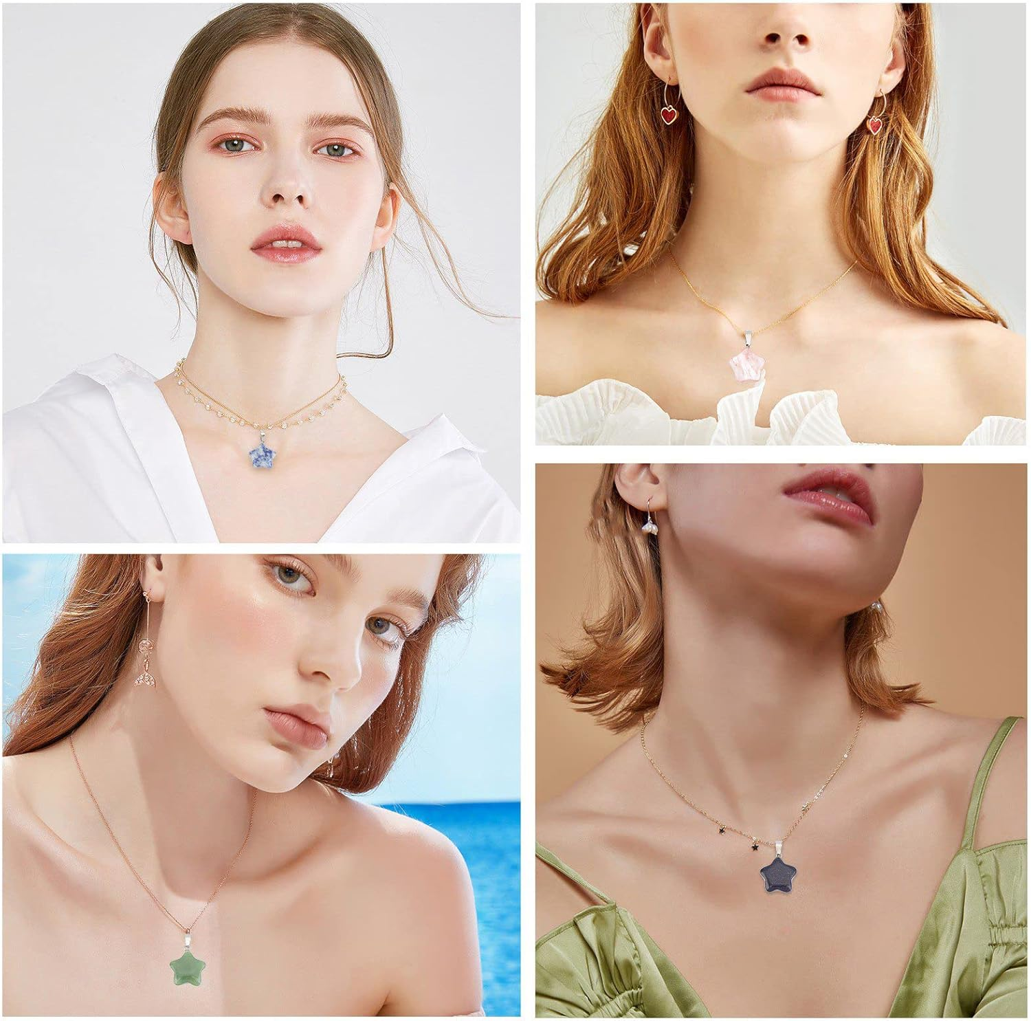 SUNNYCLUE 16 Styles Star Stone Charms Set Natural Energy Healing Crystal Mixed Stone Pendants Chakra Gemstone Beads Rose Quartz Tiger Eye with Waxed Cord Chains for Jewelry Making Crafts