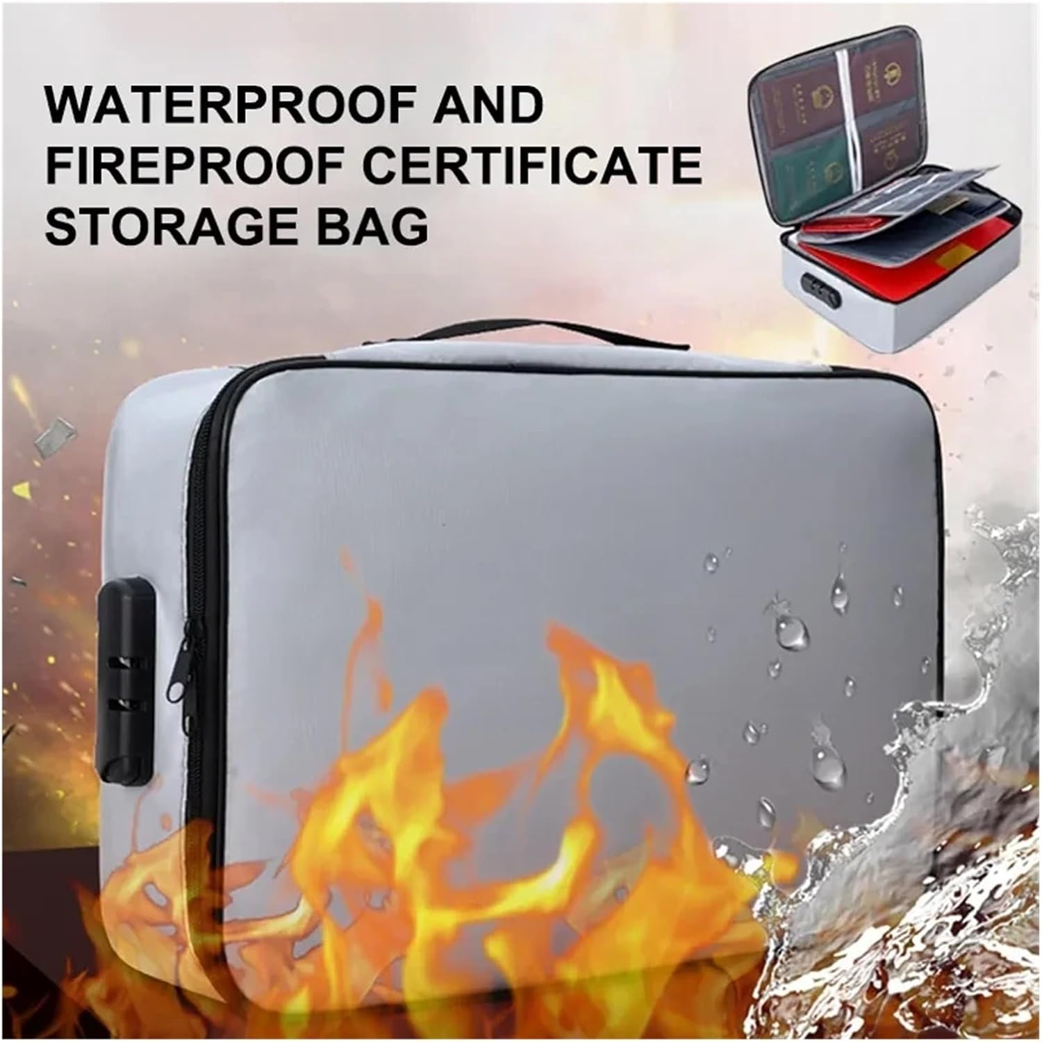 Safe Box, Fireproof Document Password Bag Travel Waterproof File Money Storage Safe Papers Zipper Safety Organizer Multi-Layer Card Case(Black) - Grey image number 3