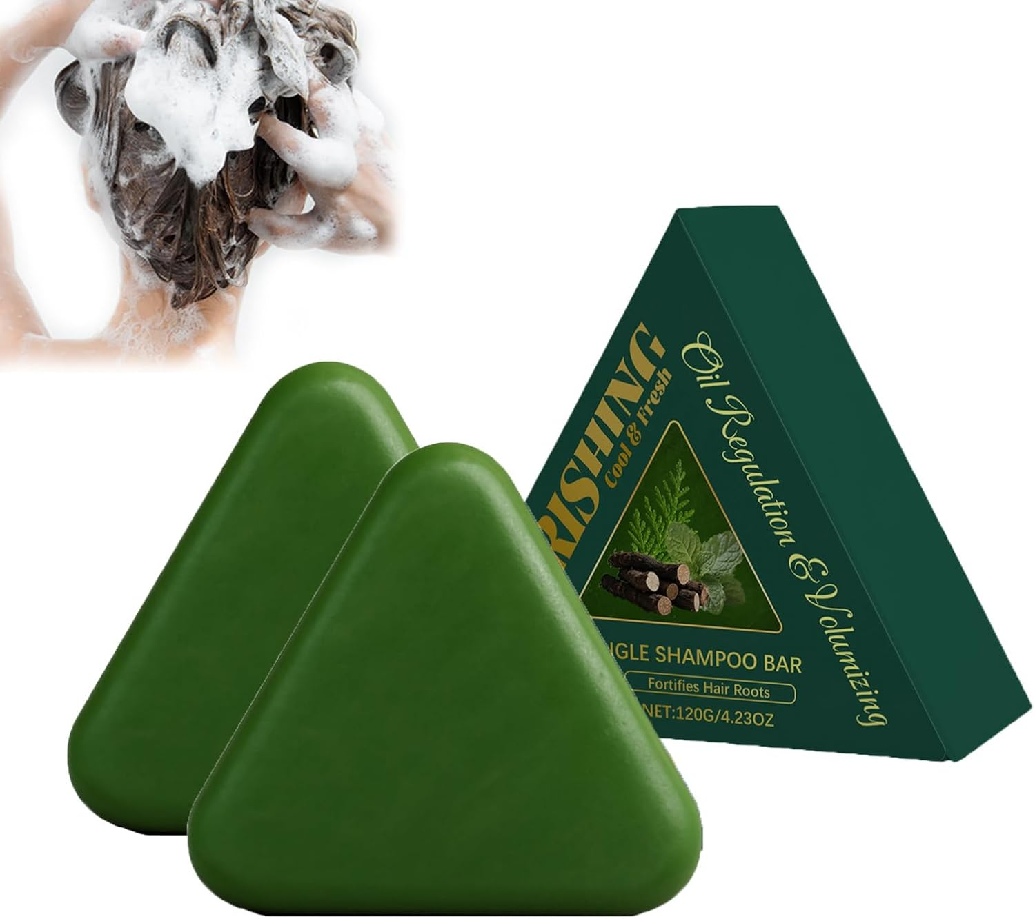 Cypress Leaf Hair Soap Nature Triangle Shampoo Bar, Triangle Green Shampoo Bar, Grass Solid Herbal Sham/Poo B/Ar, Grass Tria/Ngle Solid Shampoo for Thickening & Darkening Smooths Hair (2 PCS)