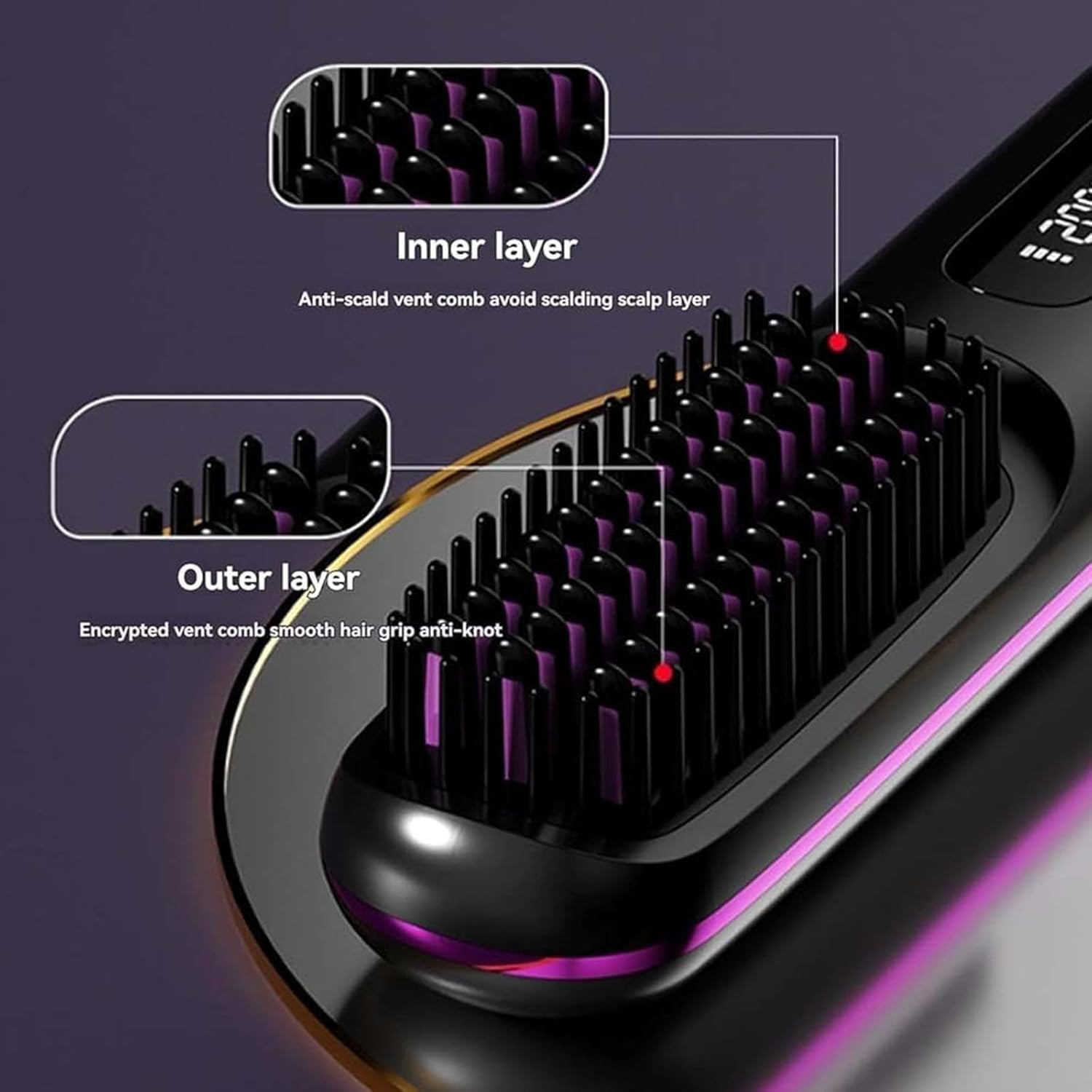 Gobrush Pro 2025, Gobrush Pro Hair Cordless, 2 in 1 for Straightening and Curling, with LED Display, 20S Fast Heat Up, 3 Temperature Settings (Purple) - Black image number 3