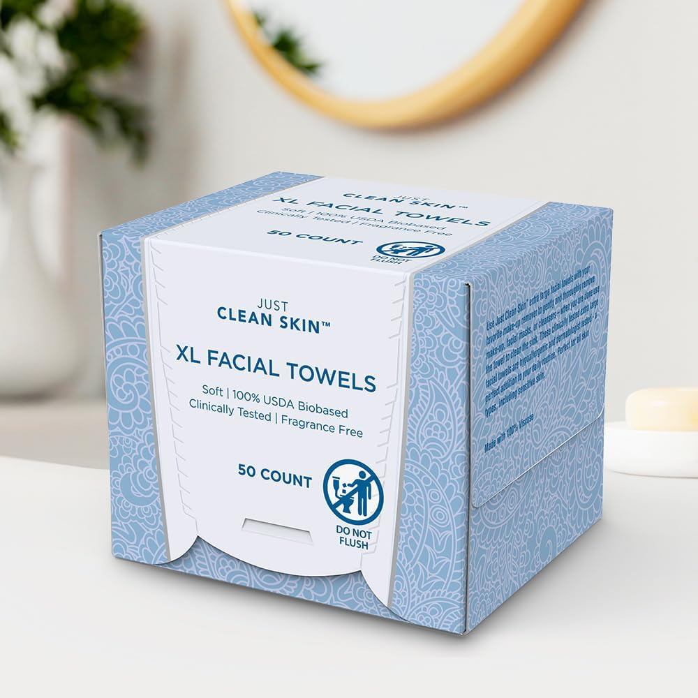 Just Clean Skin Dry Face Towels 50 Count | Plant-Based Viscose Biodegradable Extra Large Disposable Dry Wipes | Dual-Sided Makeup Remover & Face Wipes | Ultra Soft Towelettes for Sensitive Skin image number 4