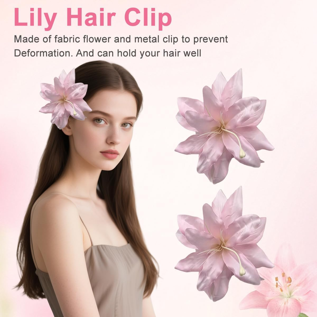 2Pcs Pink Artificial Lily Flower Hair Clips Floral Shaped Barrettes Flowers Hairpins Headdress Headwears Hair Accessories for Wedding Beach Party image number 5