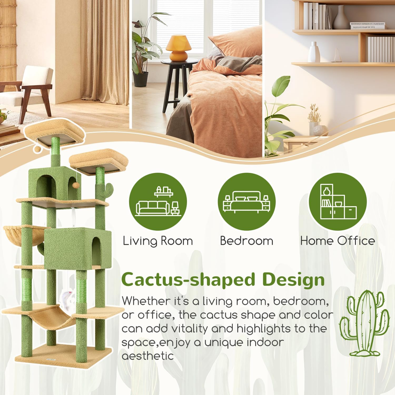 Globlazer F76 Cactus Cat Tree Tower 76-Inch Extra Tall Multi-Level Cat Furniture with Cozy Condos,Interactive Toys and Perches for Large Cats, Perfect for Climbing, Scratching, and Play, Green image number 5