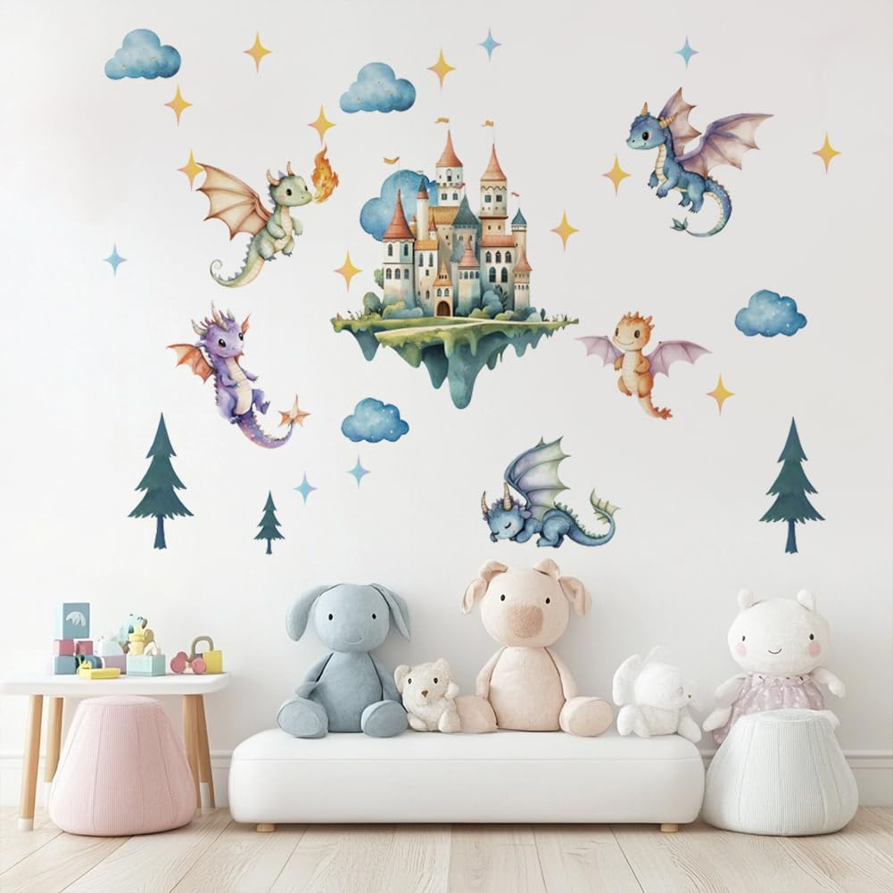 SUPERDANT Flying Dragon Wall Stickers Cartoon Castle Wall Decor Nursery Stickers Dragon DIY Vinyl Murals Peel and Stick Wallpaper Art Decals for Kids Room Playroom Livingroom Baby Room Decor image number 1