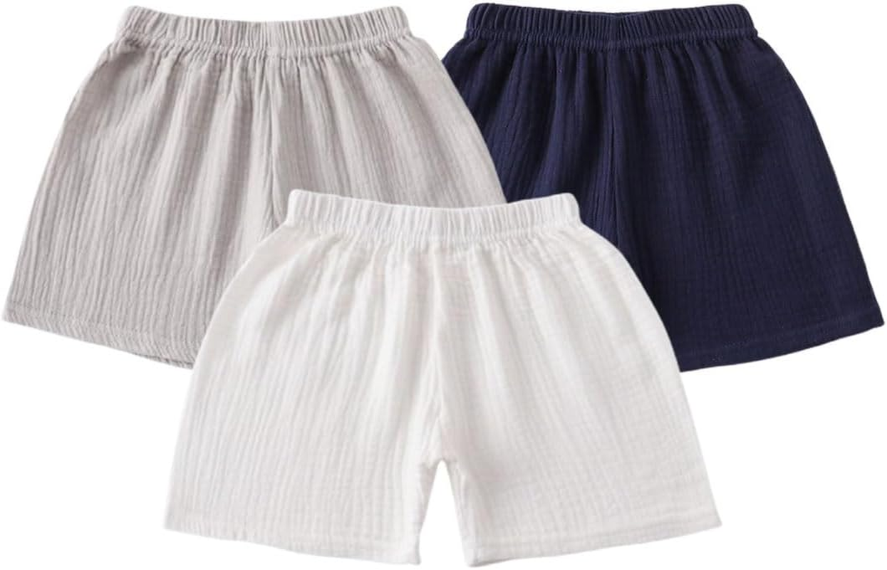 Elaowoho Baby Toddler Boys Shorts Cotton Linen Summer Loose Shorts 3 Pack Elastic Waist Solid Jogger Short Pants