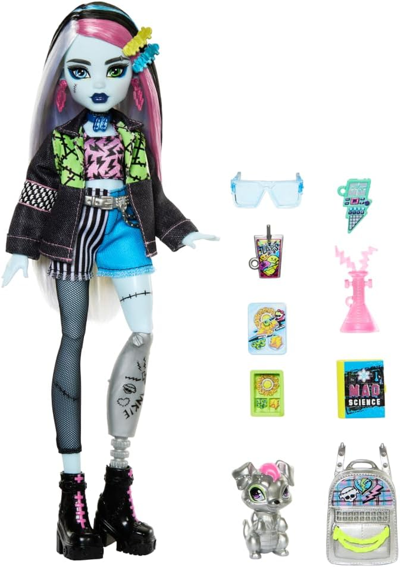 Monster High Frankie Stein Doll in Denim Jacket and Shorts, Includes Pet Dog Watzie and Accessories like a Backpack, Snack and Notebook image number 3