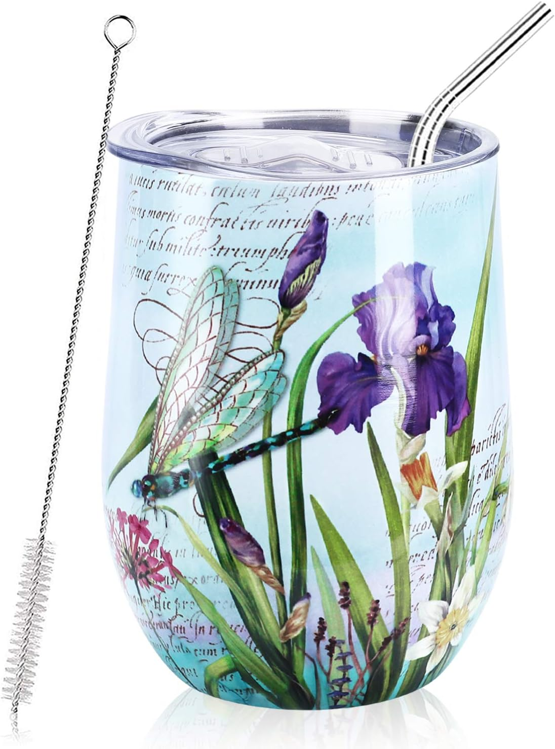 Nymphfable 12Oz Stainless Steel Wine Tumbler with Straw and Lid Dragonflies Insulated Wine Glass Double Wall