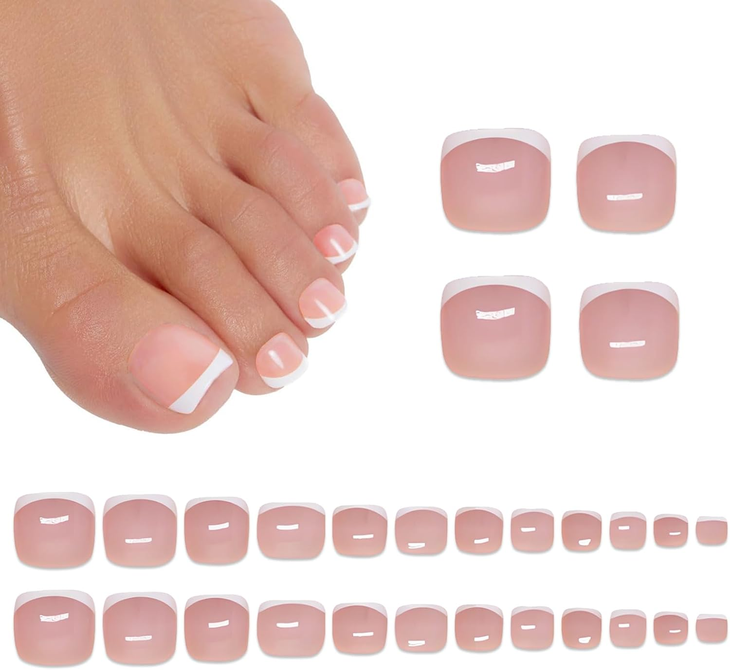 Jotia 24Pcs Press on Toenails, White Edge Pink False Toenails Classic White French Tip Fake Toe Nails Covers with a Glossy Finish image number 5