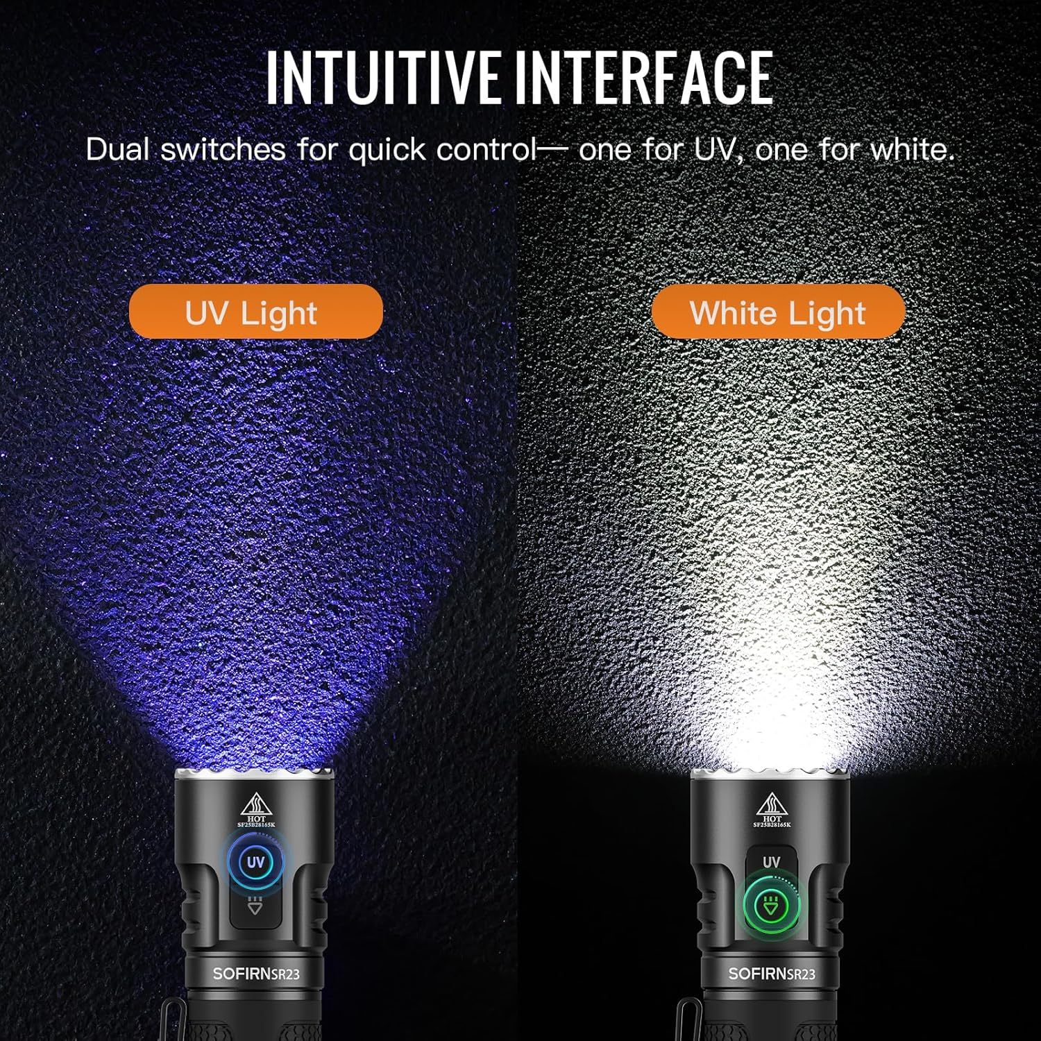 Sofirn SR23 Torch USB C Rechargeable, 3300 Lumens Bright LED Flashlight with UV Light, High Lumens Portable Handheld Dual Sources Pocket Light for Outdoor, Checking, Working, Emergency image number 4