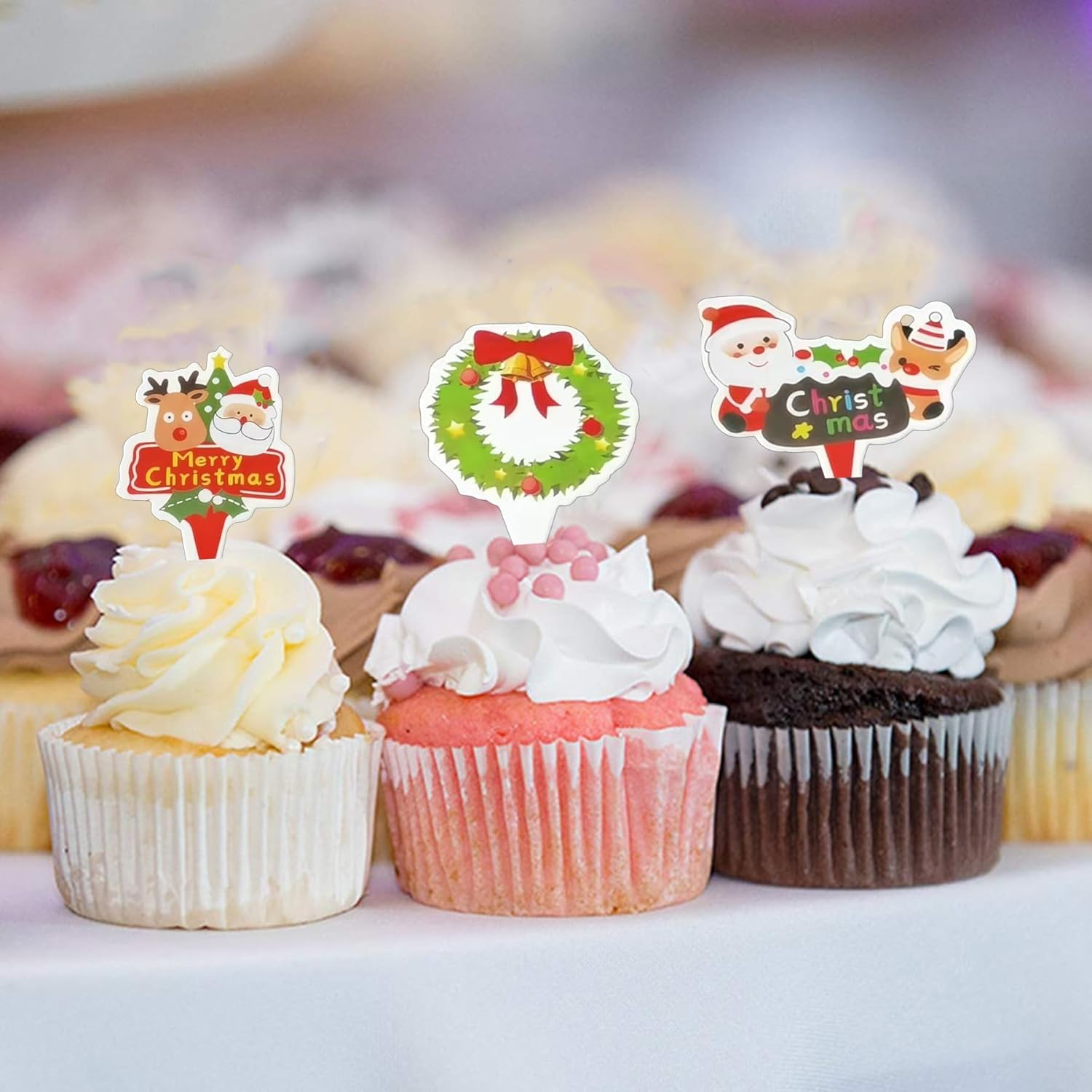 70PCS Christmas Cupcake Toppers Santa Claus Reindeer Snowman Cake Topper DIY Cake Insert Topper Christmas Toothpick Flags Cake Decorations for Christmas Party Holiday Supplies (B) image number 1