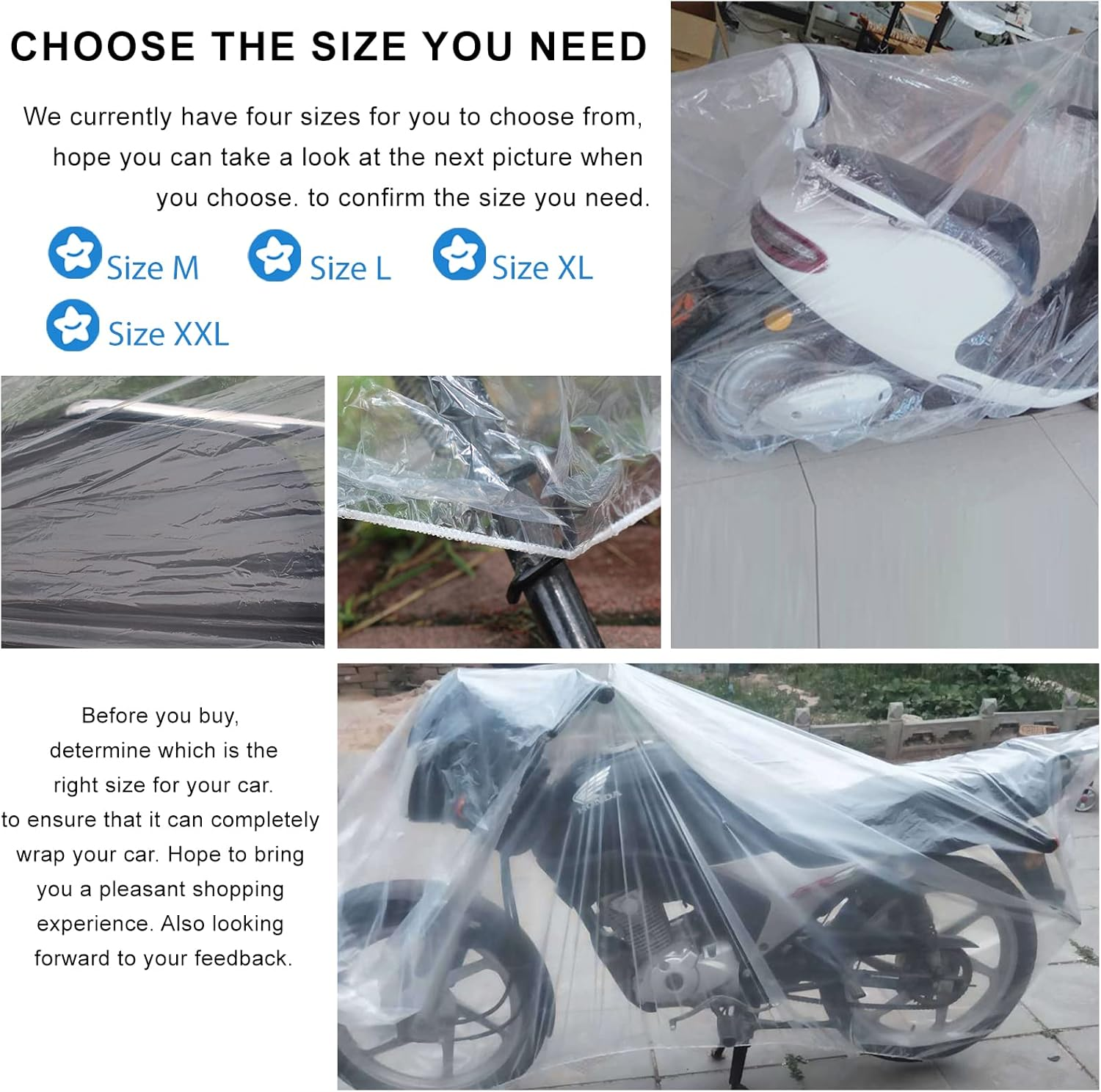 4 Pcs Motorcycle Cover,Disposable Clear Plastic Moped Cover Medium （XXL ） Waterproof Protection Dust Outdoor Rain Cover for Harley,Davidson,Yamaha,Suzuki,Honda, Kawasaki, ( Indoor Universal) image number 3